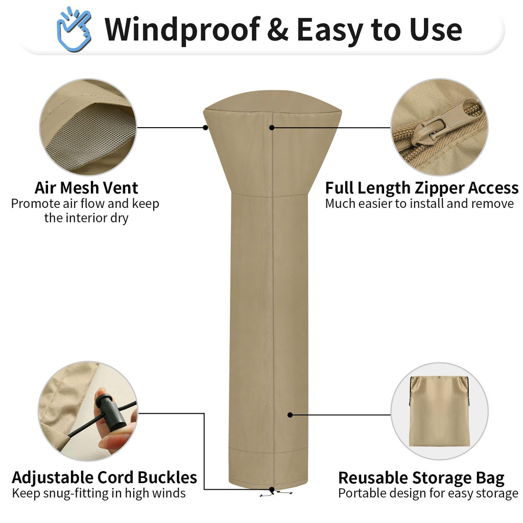Outdoorlines Waterproof Outdoor Patio Heater Covers With Zipper And Storage Bag, Dust-Proof Uv-Resistant Windproof Propane Heavy Duty Heater Cover For Standing Heater, 2 Packs-89Hx33Dx19B Inch Camel