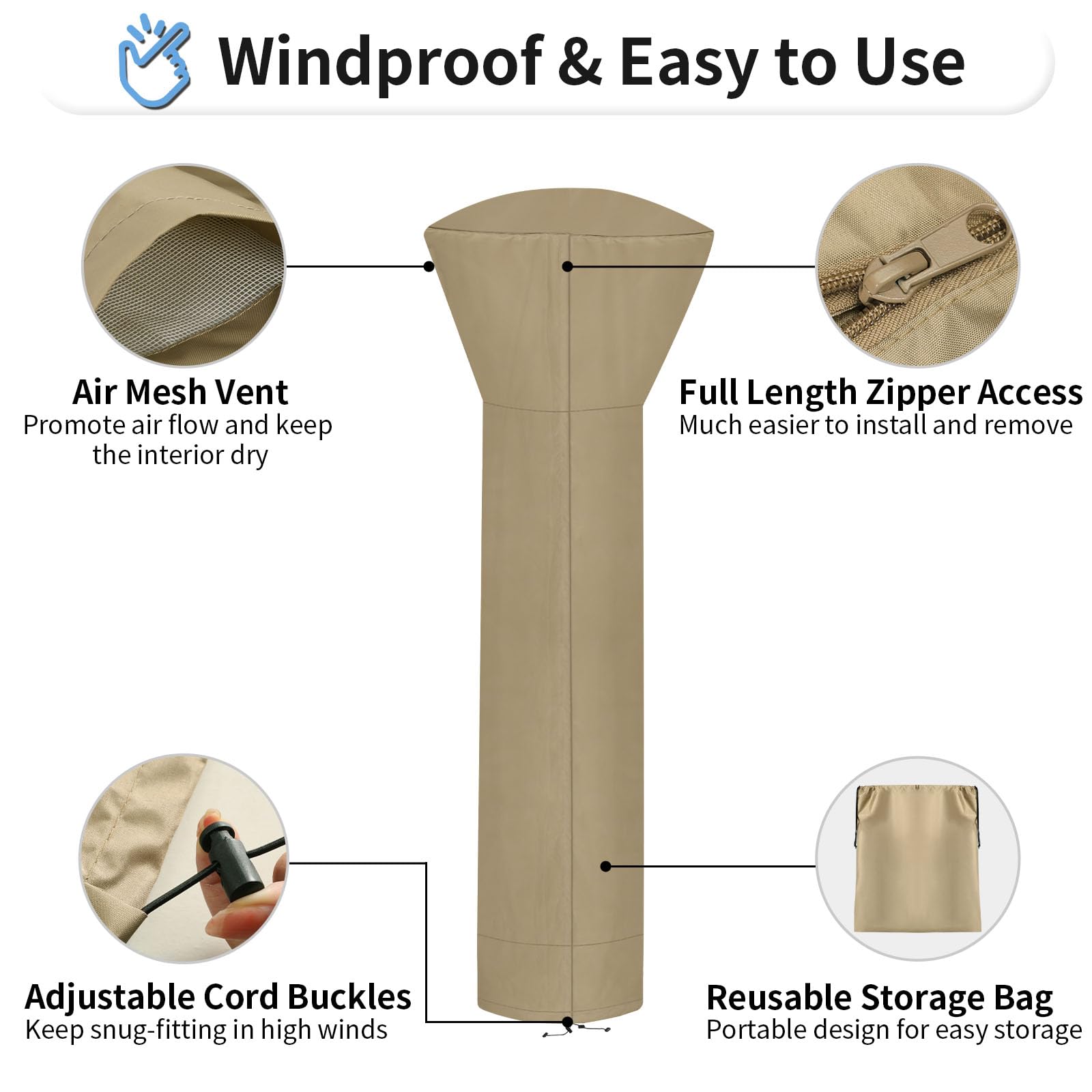 Outdoorlines Waterproof Outdoor Patio Heater Covers With Zipper And Storage Bag, Dust-Proof Uv-Resistant Windproof Propane Heavy Duty Heater Cover For Standing Heater, 2 Packs-89Hx33Dx19B Inch Camel