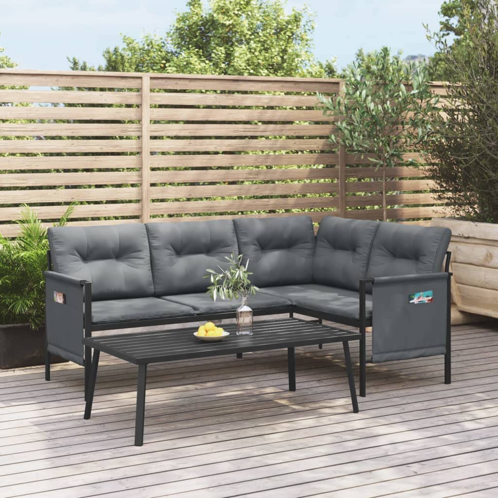 vidaXL 2 Piece Patio Lounge Set - Anthracite Steel with E-Coating and Powder Coating - Includes Cushioned Garden Corner Sofa, Coffee Table & Side Storage Bags
