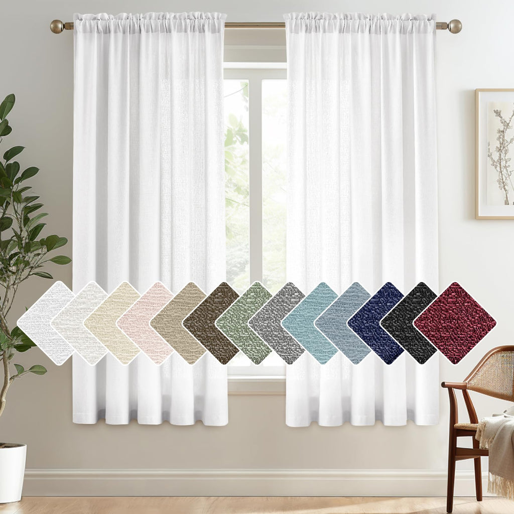 Melodieux White Semi Sheer Curtains 45 Inch Length for Bedroom Kitchen Small Windows, Linen Look Rod Pocket Privacy Sheer Drapes
