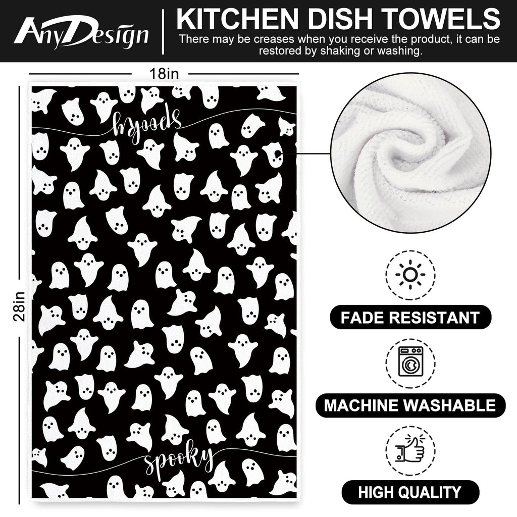 Anydesign Halloween Kitchen Towel 18 X 28 Inch Black White Ghost Dishcloth Scary Hand Drying Tea Towel For Halloween Baking Cook