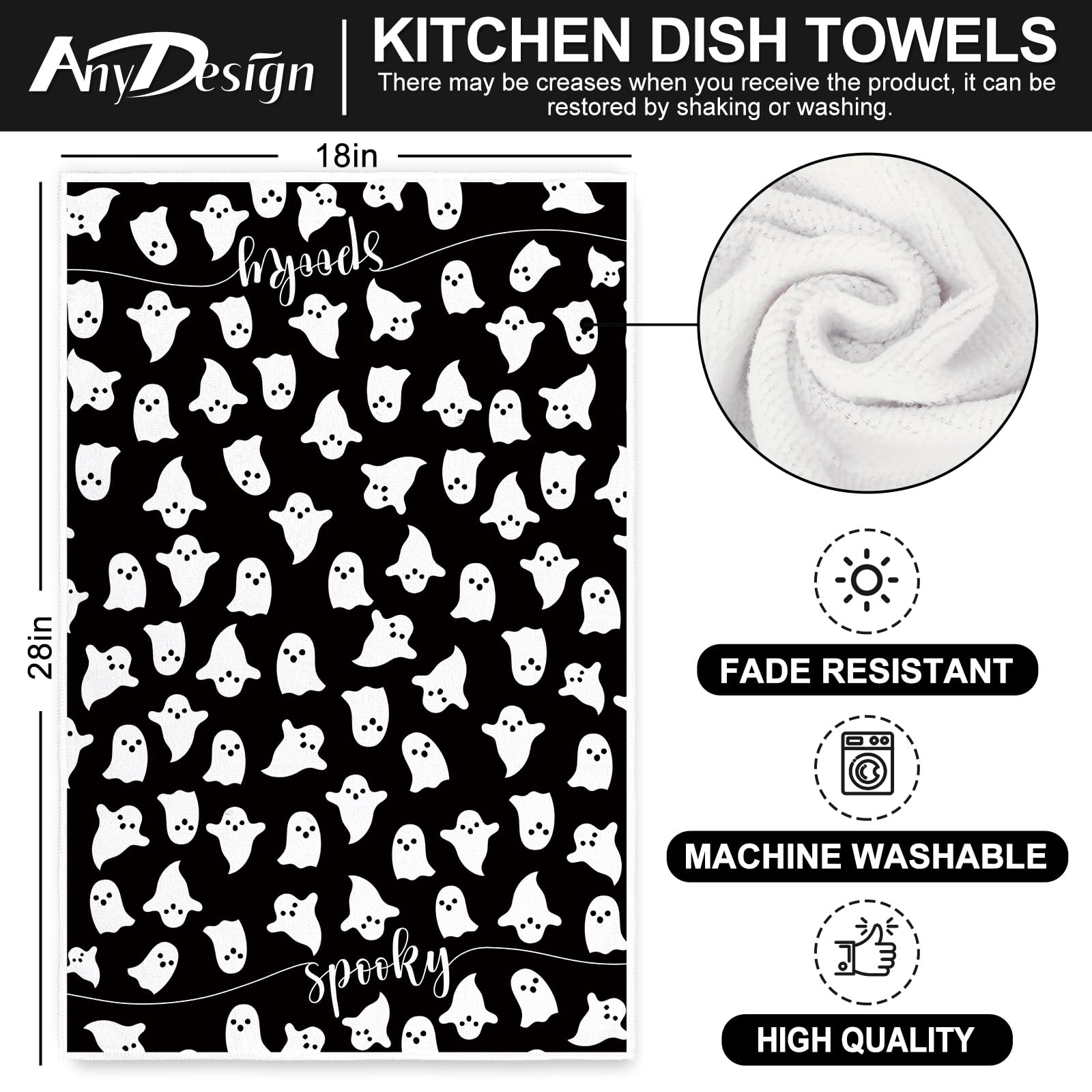 Anydesign Halloween Kitchen Towel 18 X 28 Inch Black White Ghost Dishcloth Scary Hand Drying Tea Towel For Halloween Baking Cook
