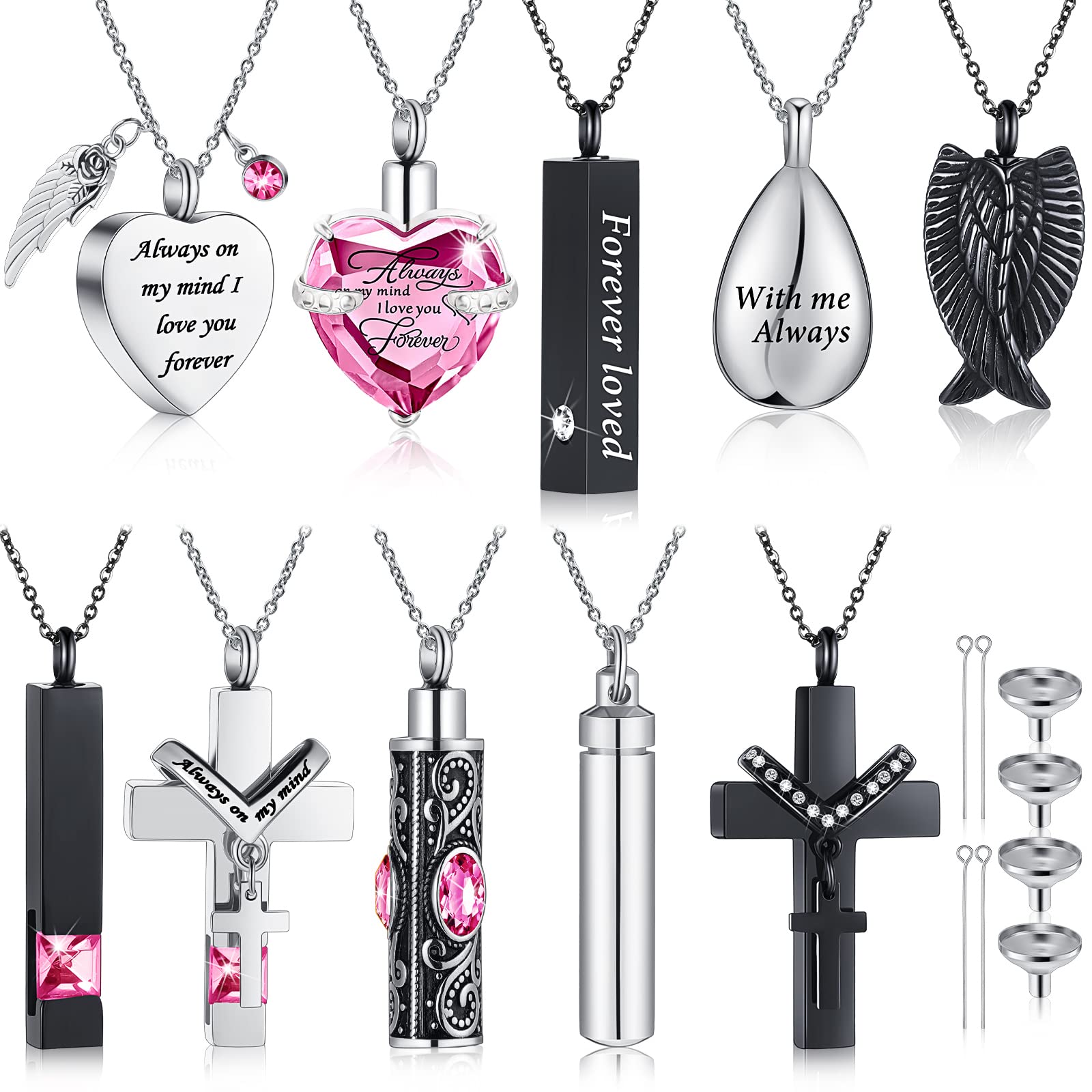 10 Pcs Urn Necklace for Ashes Cremation Jewelry Wings Tear Drop Cross Crystal Ashes Necklace Stainless Steel Zircon Memorial Loc
