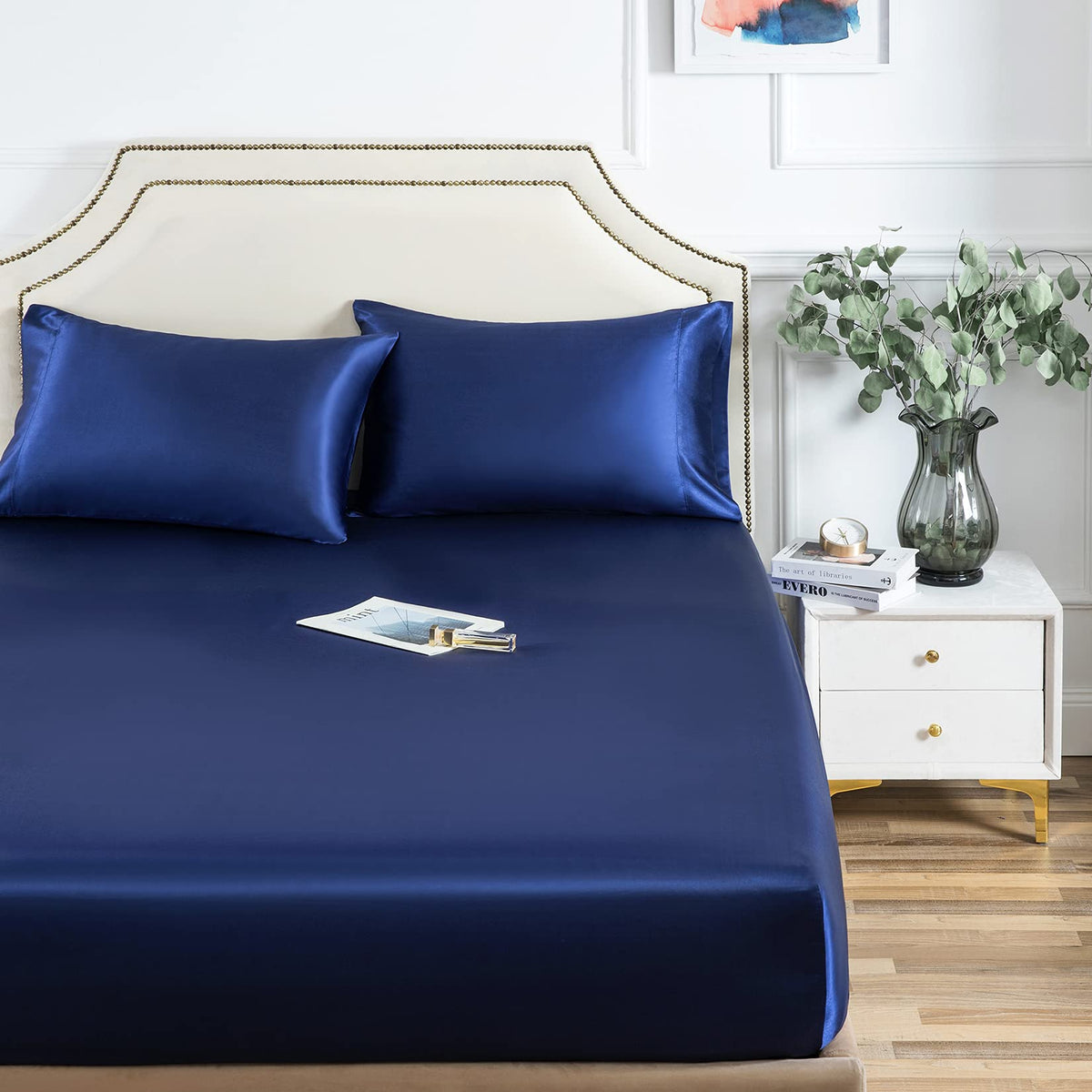 Satin Fitted Sheet, King Fitted Sheet Only, 1 - Piece Ultra Soft Deep Pocket Single Silk Bottom Bed Sheet King - Navy Blue