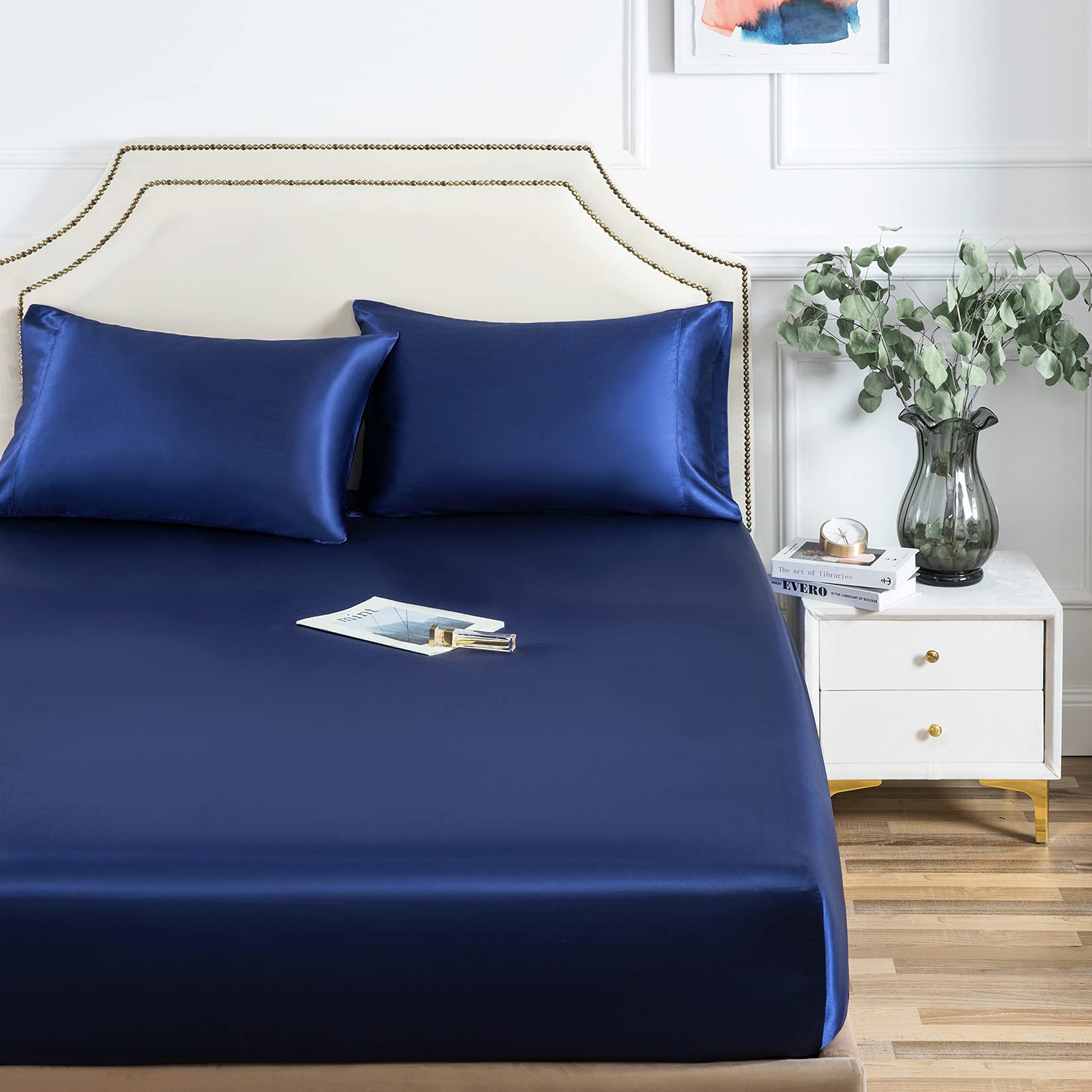 Satin Fitted Sheet, King Fitted Sheet Only, 1 - Piece Ultra Soft Deep Pocket Single Silk Bottom Bed Sheet King - Navy Blue
