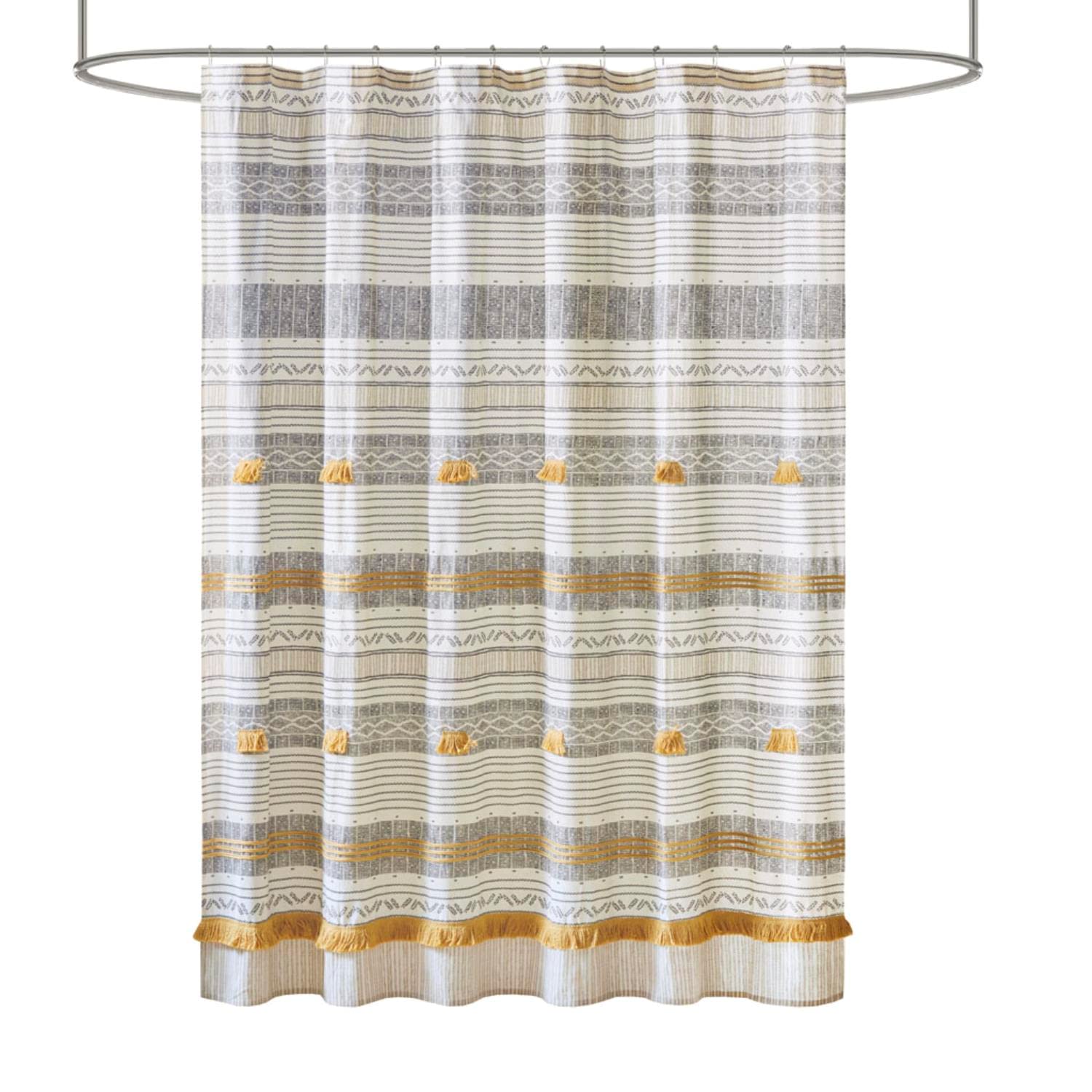 INK+IVY Cody 100% Cotton Shower Curtain, Boho Chic Printed Striped with Tassel Pompom, Fringes Trim, Modern Bathroom D  cor, Mac