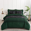 Luxudecor Emerald Green Comforter Set King Size, 7 Pieces Stripe Geometric Bed In A Bag, Soft Microfiber Forest Green Comforter