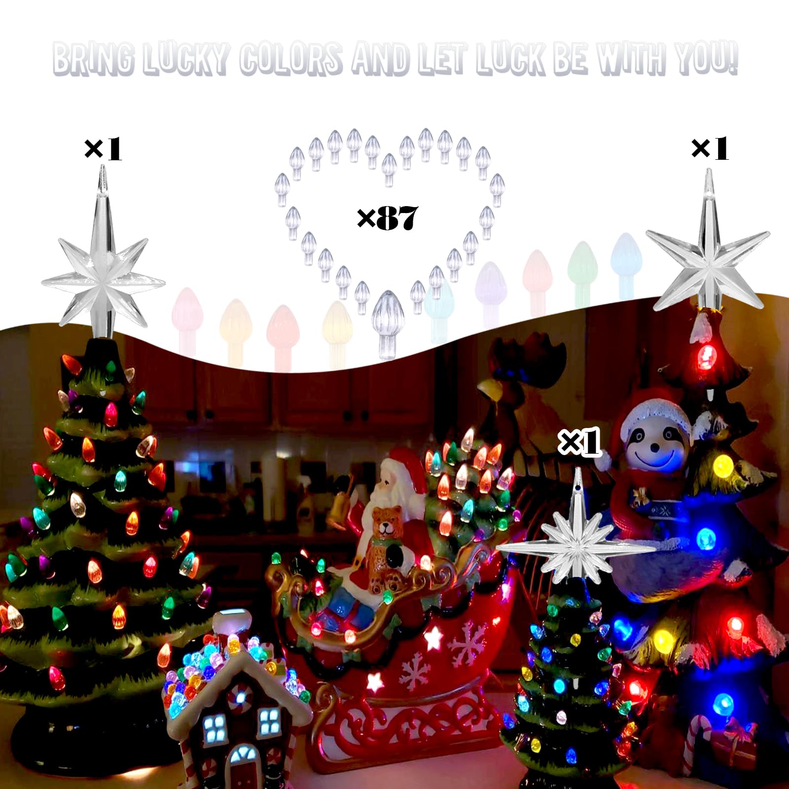 Konohaelf Ceramic Christmas Tree Replacement Lights Bulbs, Clear White Medium Twist Plastics Pegs Ornaments For Ceramic Tree(87