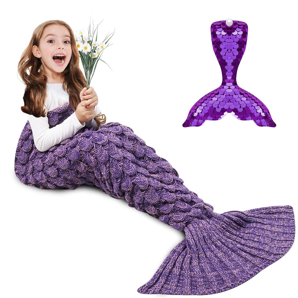 Amyhomie Mermaid Tail Blanket, Kids Mermaid Blanket Crochet Mermaid Sleeping Bag Mermaid Gift For Girls For Kids(Fish Scales Pur