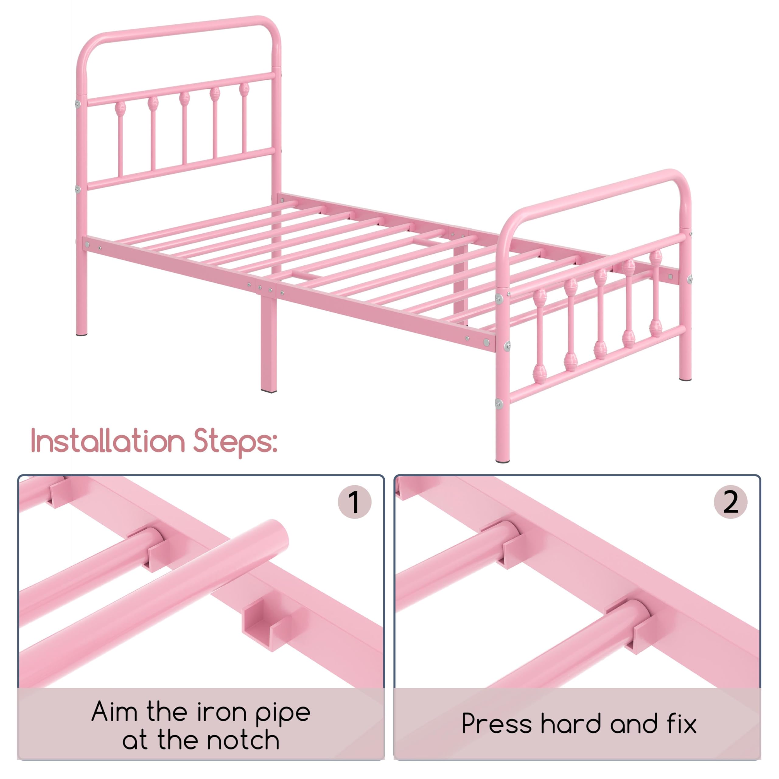 Yaheetech Classic Metal Platform Bed Frame Mattress Foundation With Victorian Style Iron-Art Headboard/Footboard/Under Bed Storage/No Box Spring Needed/Twin Size Pink