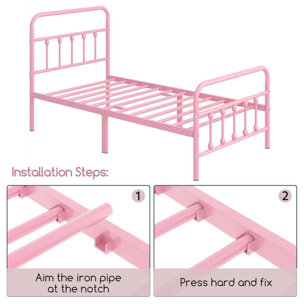 Yaheetech Classic Metal Platform Bed Frame Mattress Foundation With Victorian Style Iron-Art Headboard/Footboard/Under Bed Storage/No Box Spring Needed/Twin Size Pink