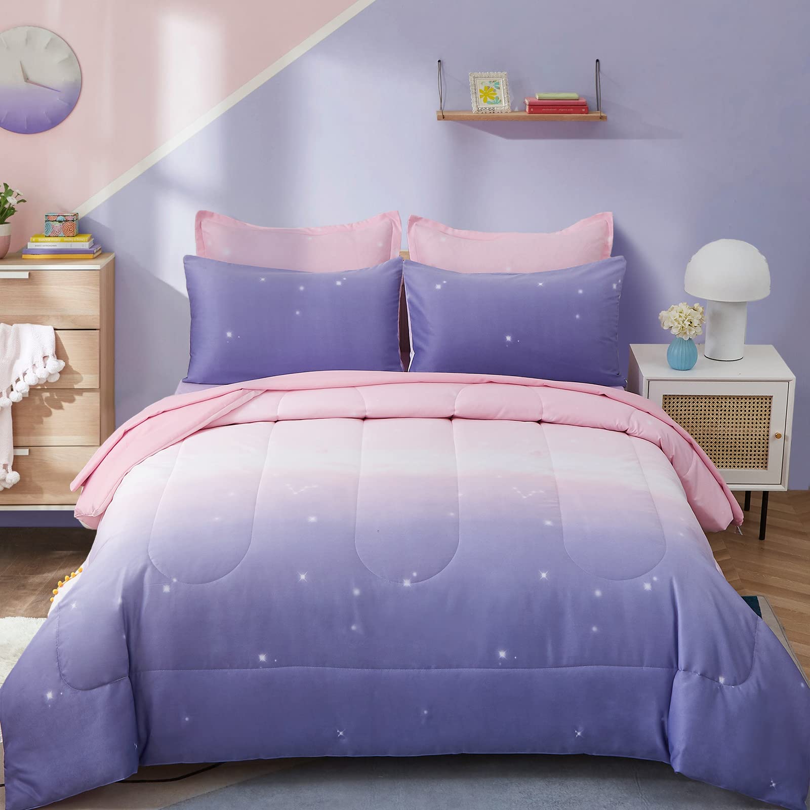 Dinjoy Girls Women Comforter Set King Size Ombre Pink Purple Rainbow Bedding Set 7 Pieces Bed in A Bag for Teen Adult (1 Comfort