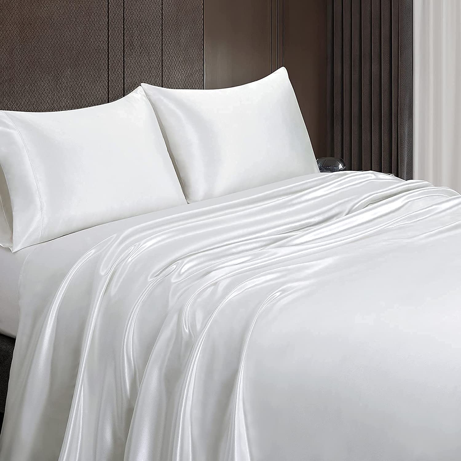 Homiest 3Pcs Satin Sheets Set Luxury Silky Satin Bedding Set With Deep Pocket, 1 Fitted Sheet + 1 Flat Sheet + 1 Pillowcase (Twin Xl Size, White)