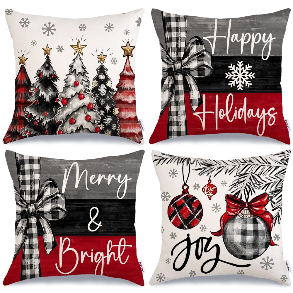 Geeory Christmas Throw Pillow Covers 16 X 16 Inch Set Of 4, Xmas Trees Merry And Bright Happy Holidays Farmhouse Decorative Cush