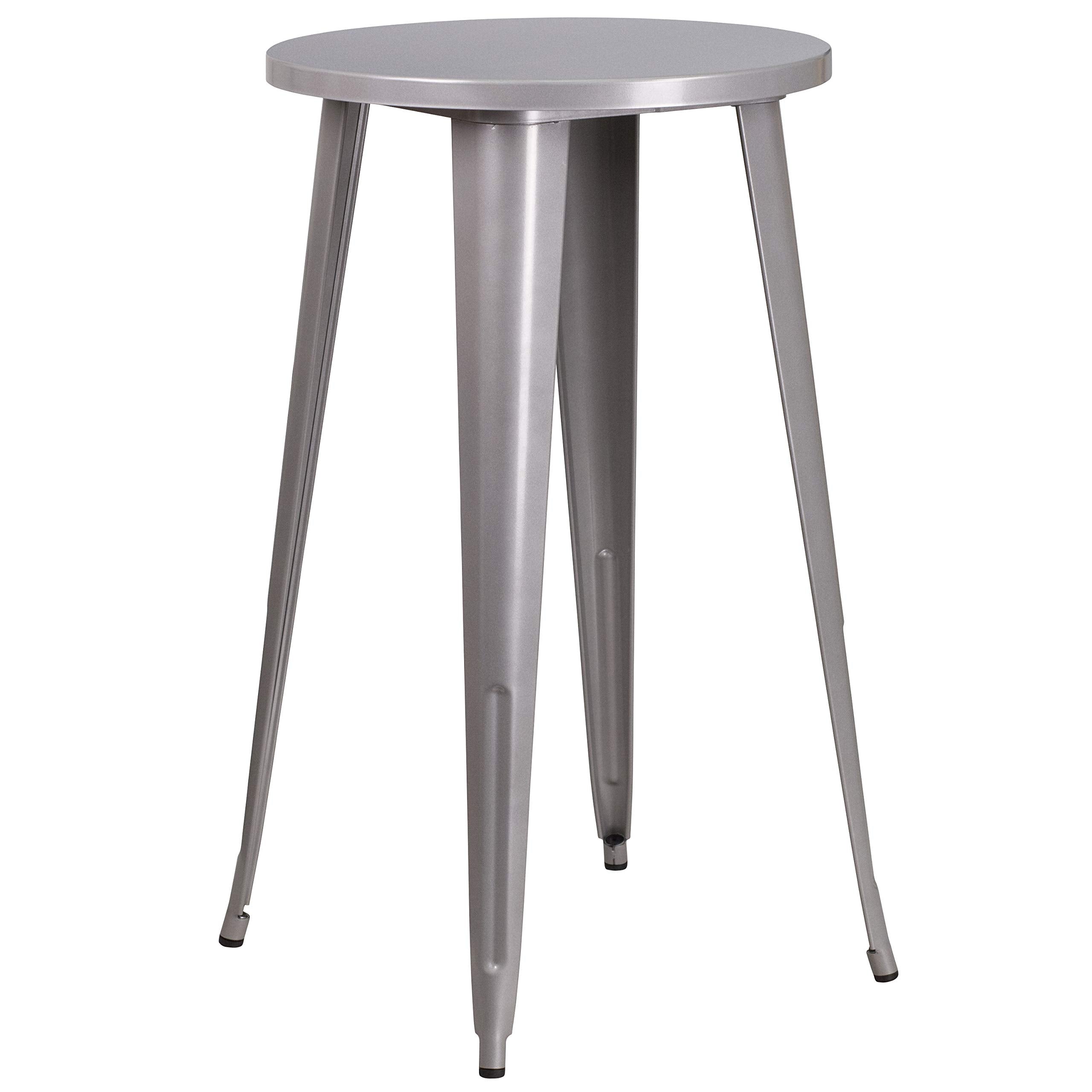 Flash Furniture Commercial Grade 24" Round Silver Metal Indoor-Outdoor Bar Table Set with 2 Square Seat Backless Stools
