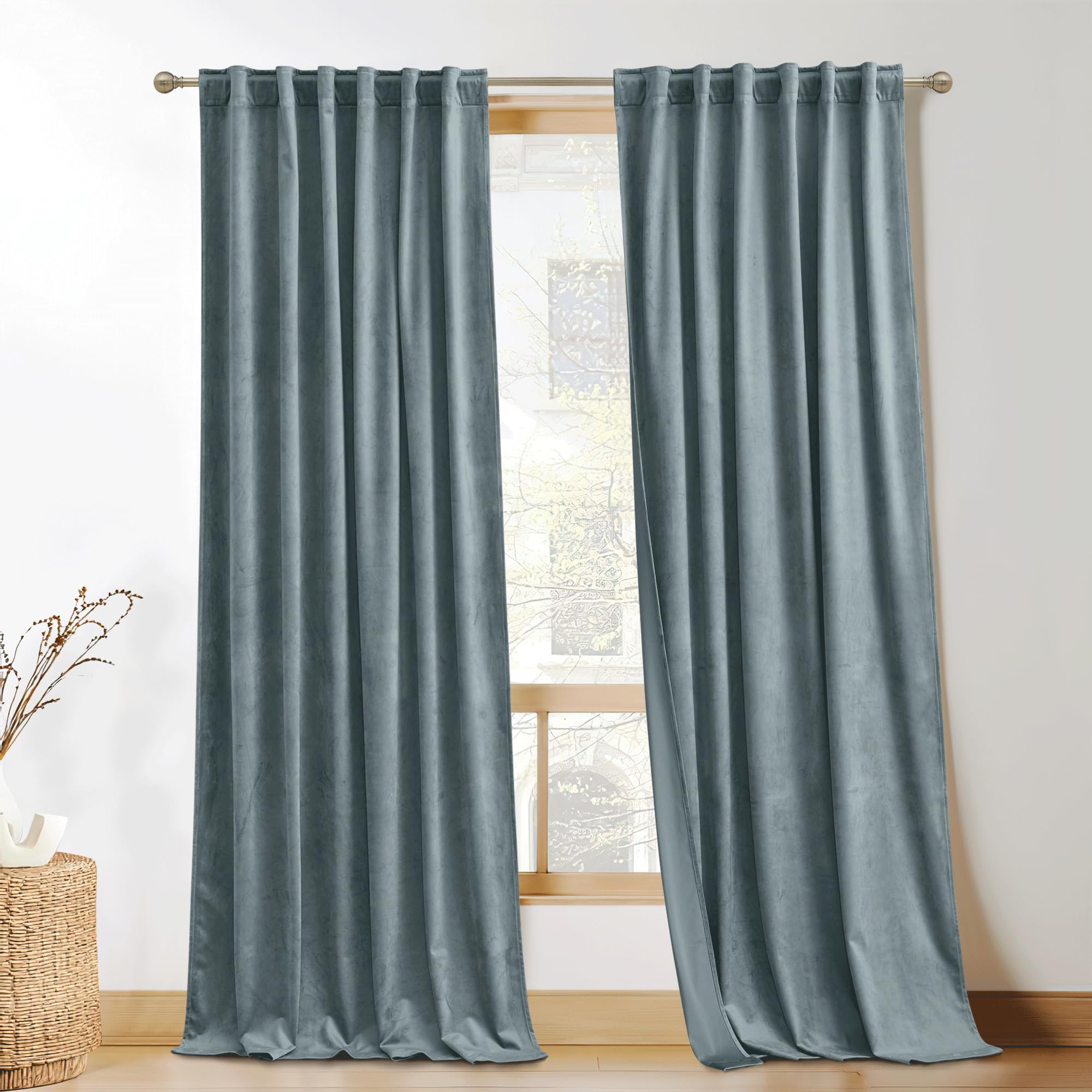 Kgorge Stone Blue Velvet Curtains For Bedroom, Modern Light Blue Room Darkening Privacy Protect Back Tab & Rod Pocket Curtains F