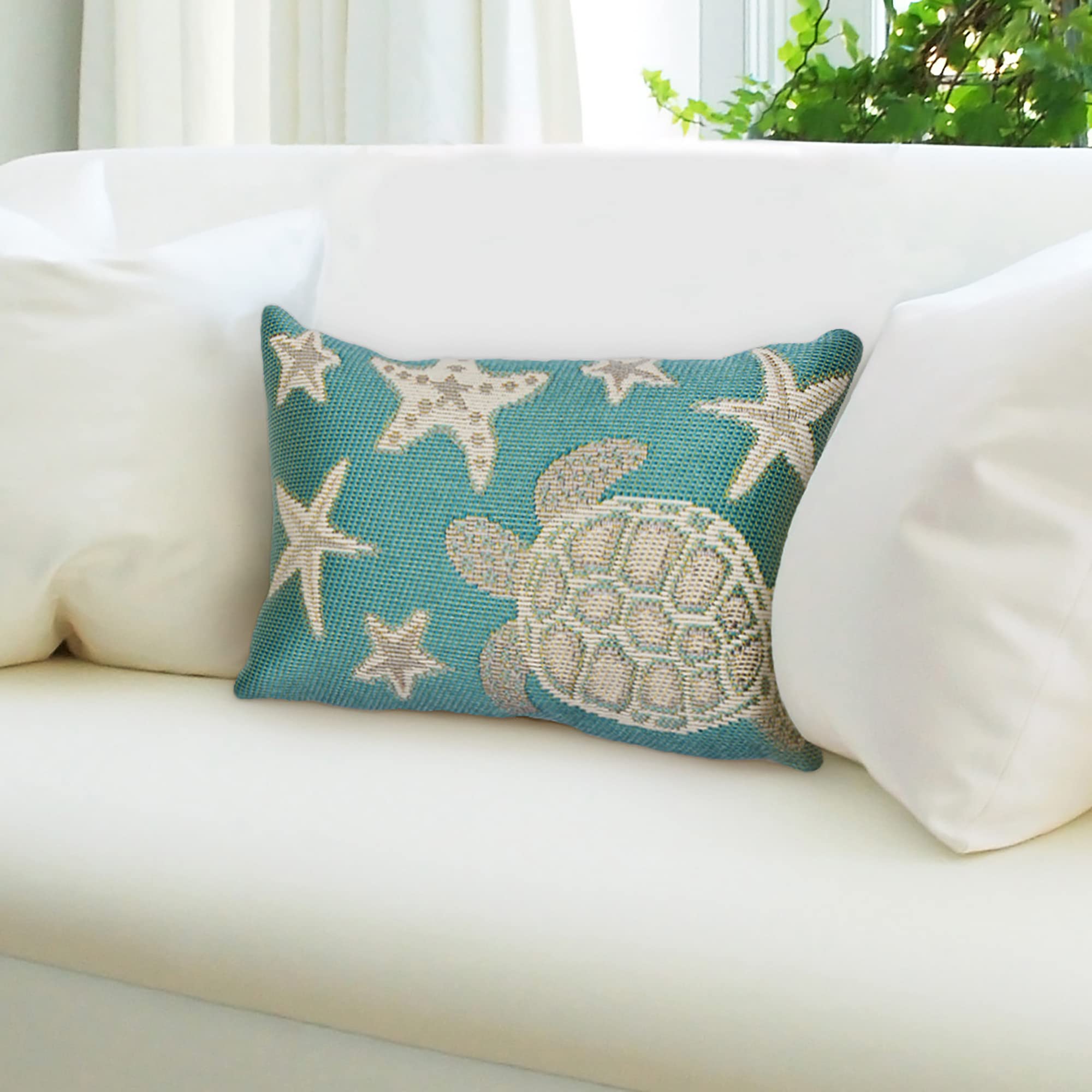 Liora Manne Marina Indoor/Outdoor Power Loomed Easy Care Pillows, 12' X 18', Turtle And Stars Aqua