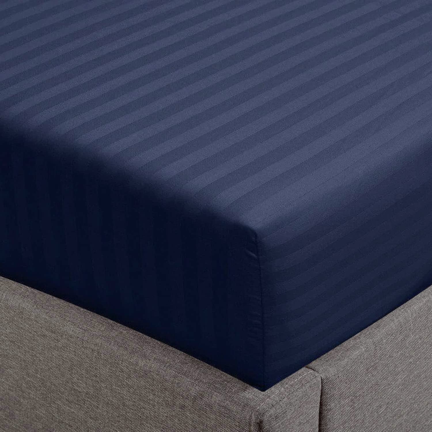 Feather & Stitch 1 Pc Fitted Sheet California King Size, 100% Cotton Damask Sateen Weave, Striped Breathable, Stretchable Elastic Sheet For Mattress 18 Inch Deep Pocket, 500Tc Ultra Soft - Dark Blue