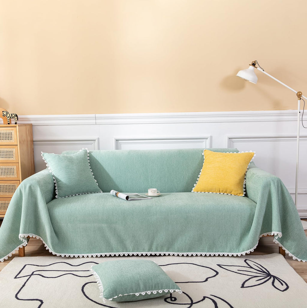 Handontime Light Green Couch Covers For 3 Cushion Couch Sofa Cute Sofa Covers Chenille Couch Cover For Dogs Sectional Sofa L Shape Futon Couch (71' X134', Green)
