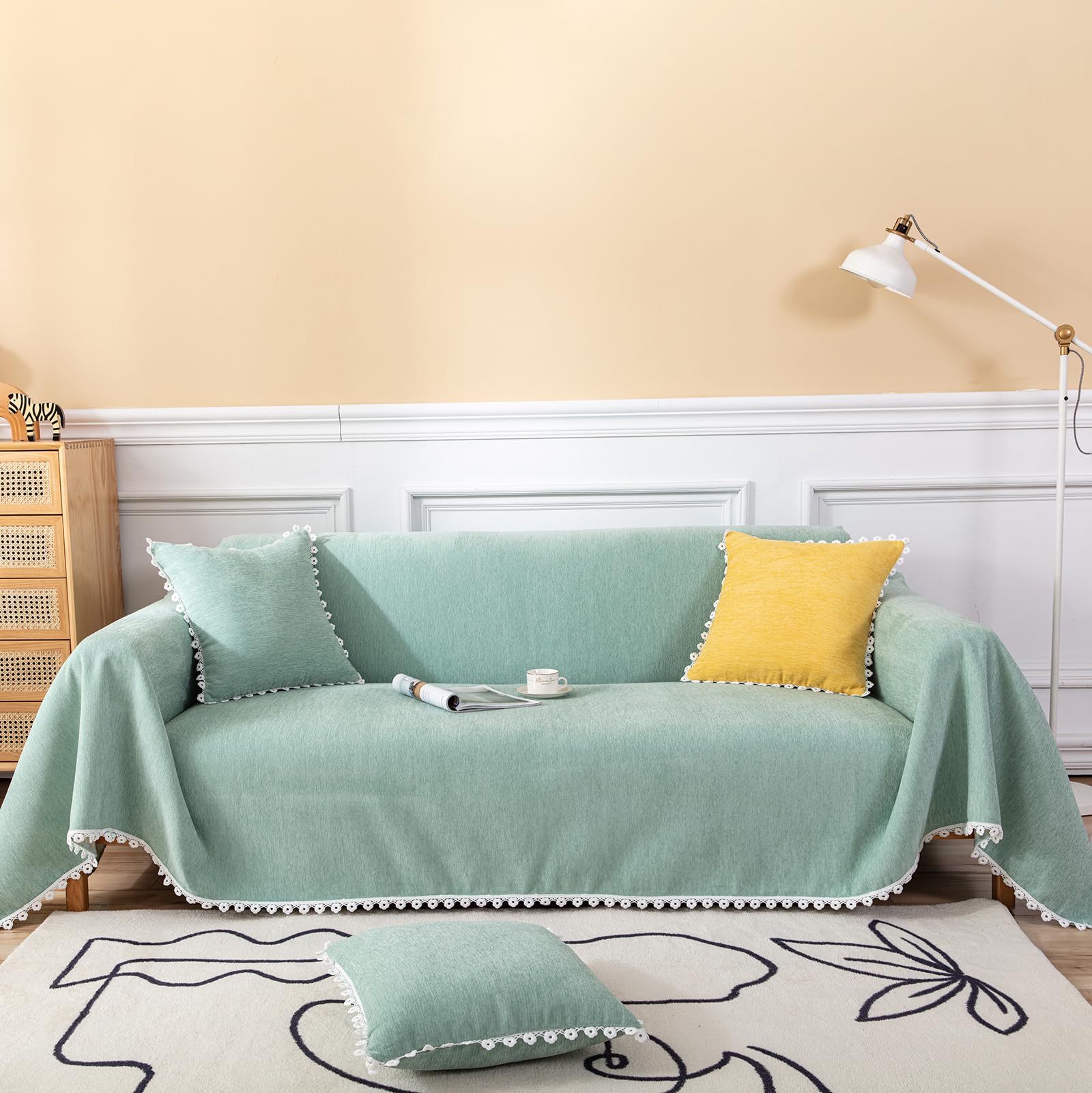 Handontime Light Green Couch Covers For 3 Cushion Couch Sofa Cute Sofa Covers Chenille Couch Cover For Dogs Sectional Sofa L Shape Futon Couch (71' X134', Green)