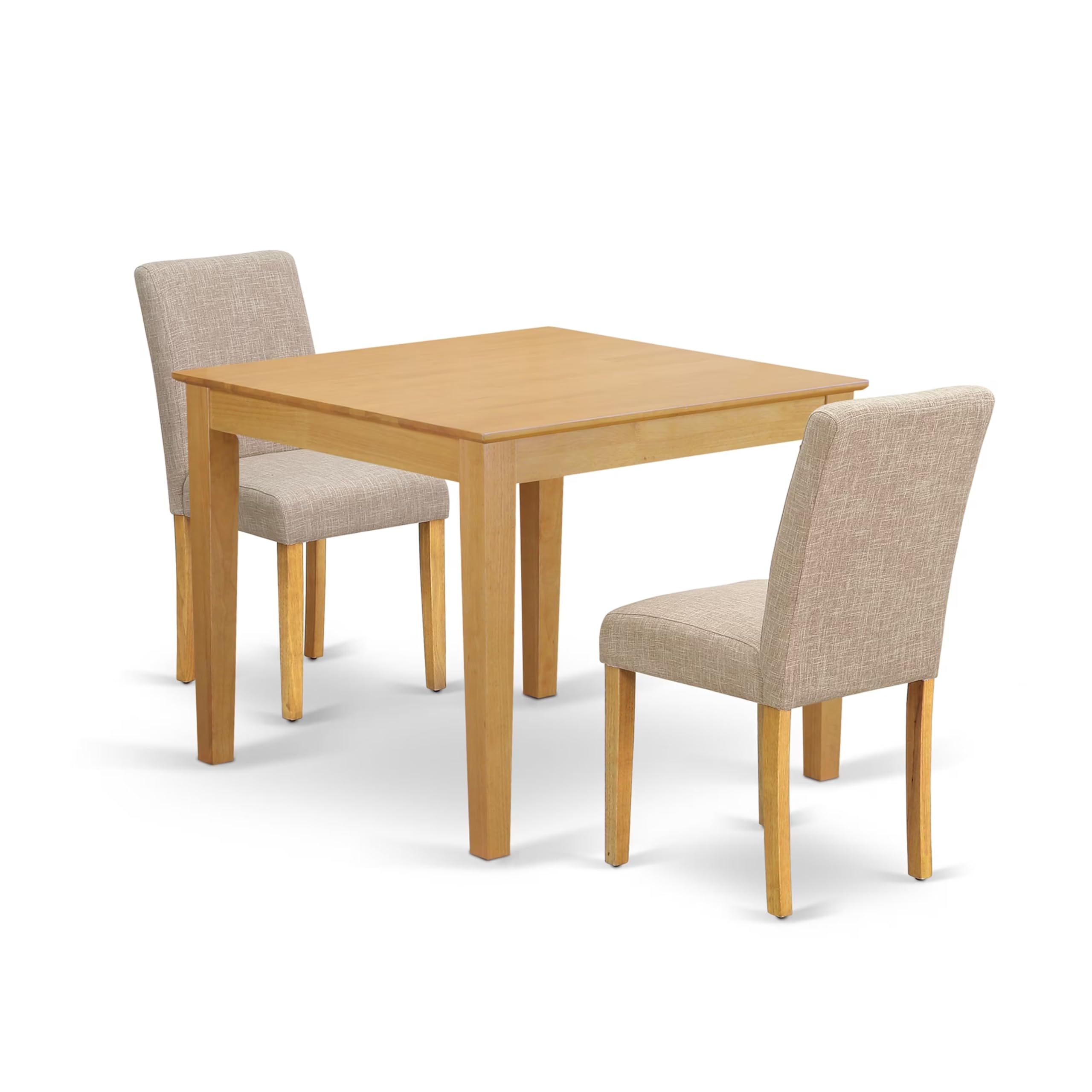East West Furniture Oxab3-Oak-04 3 Piece Dining Table Set For Small Spaces Contains A Square Wooden Table And 2 Light Tan Linen Fabric Parson Dining Room Chairs, 36X36 Inch, Oak