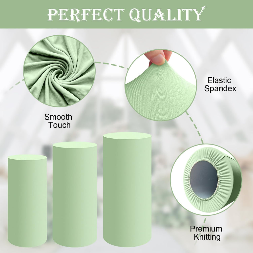 Saitimade Set Of 3 - Sage Green Cylinder Pedestal Stand Covers, Flexible Cylinder Stand Covers For Party, Wedding Or Birthday Ev