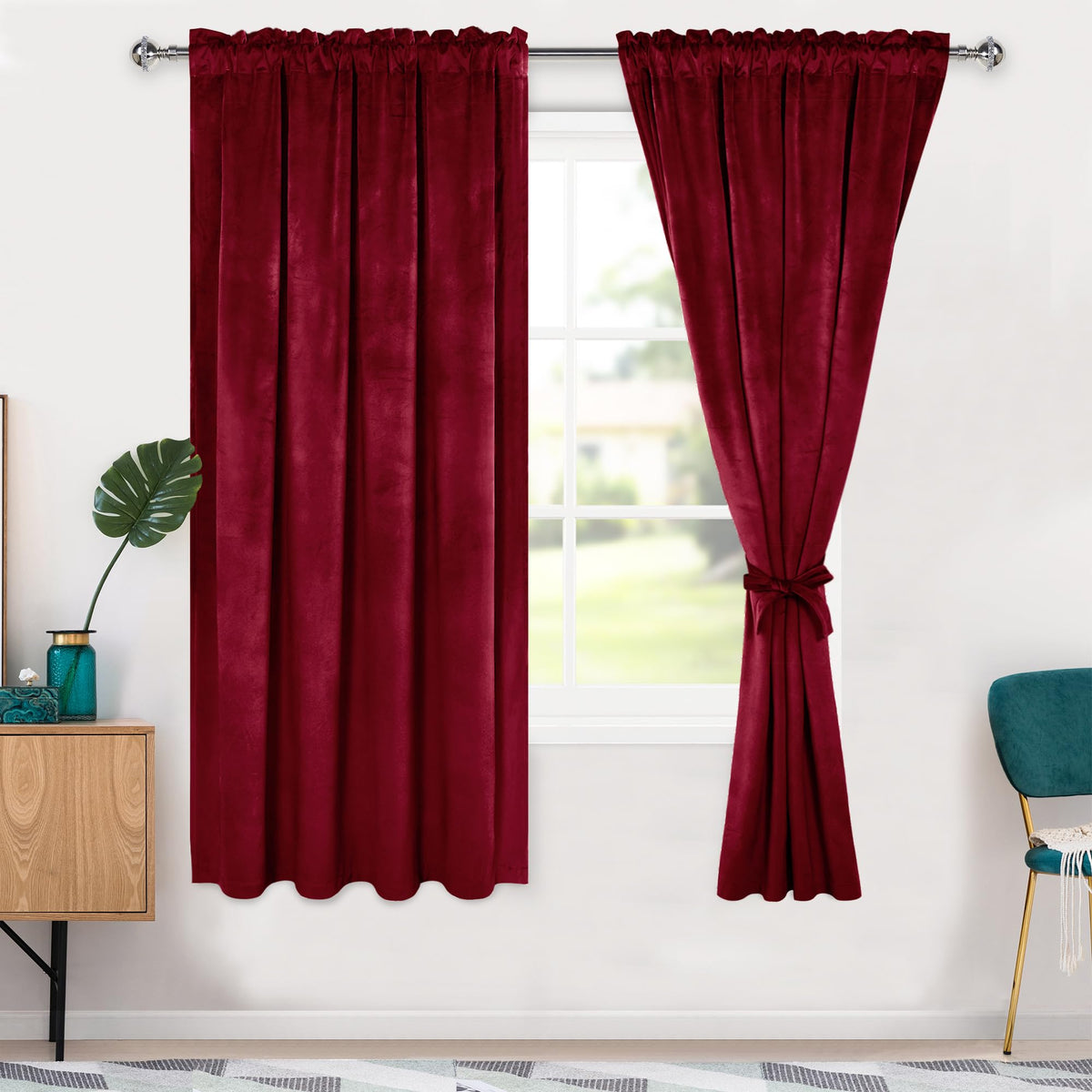 Hiasan Red Velvet Curtains 72 Inches-Blackout Thermal Insulated Solid Soft Curtains For Bedroom Living Room Rod Pocket Room Dark