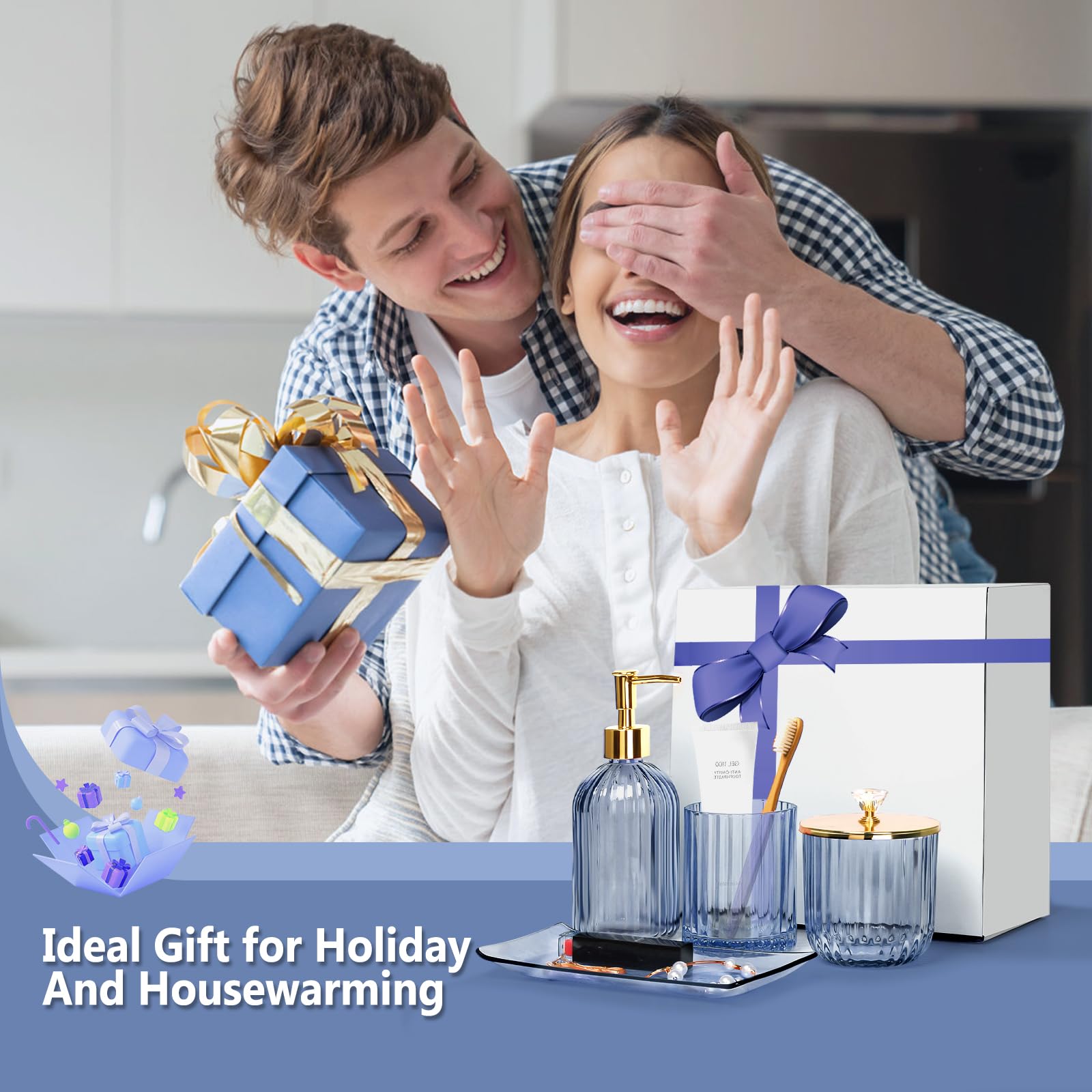 Jenseits Blue Bathroom Accessories, 4 Pcs Glass Bathroom Set Complete Includes Soap Dispenser, Toothbrush Holder, Apothecary Jar