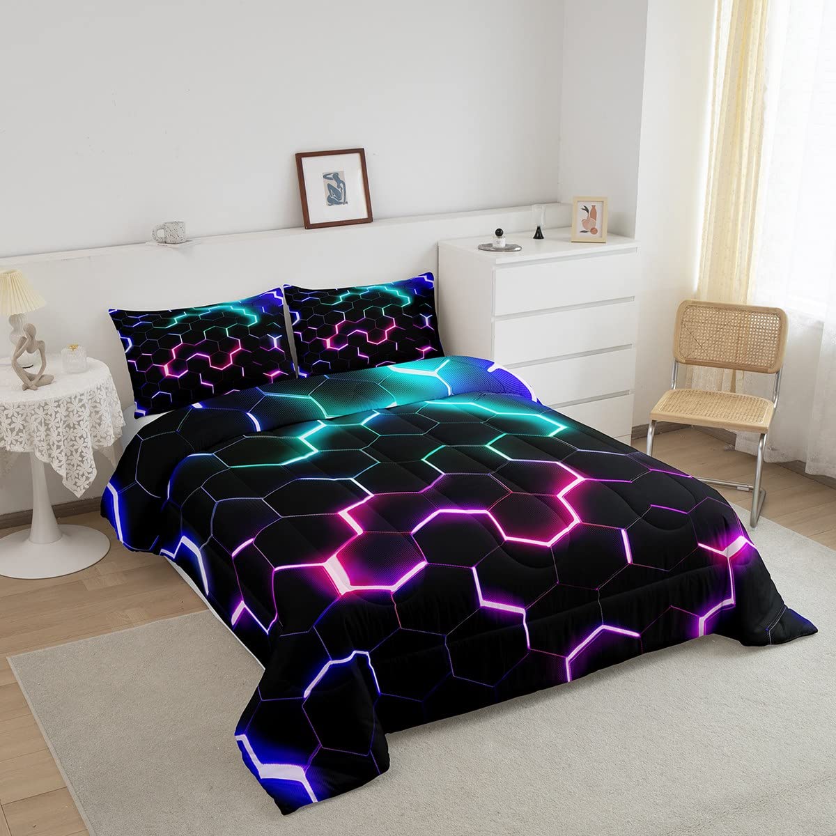 Castle Fairy 3D Honeycomb Comforter Set Full Size,Geometry Hexagon Theme Quilt Pink Blue Neon Lights Bedding 3Pcs,Kids Boys Teen Man Chic Creative Home Duvet Insert, 2 Pillowcases,Black