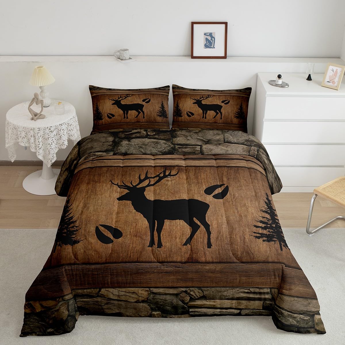 Manfei Rustic Deer Comforter Set Full Size, Black Trees Deer Paw Print Down Comforter With 2 Pillowcases, Brwon Wooden Plank Bed