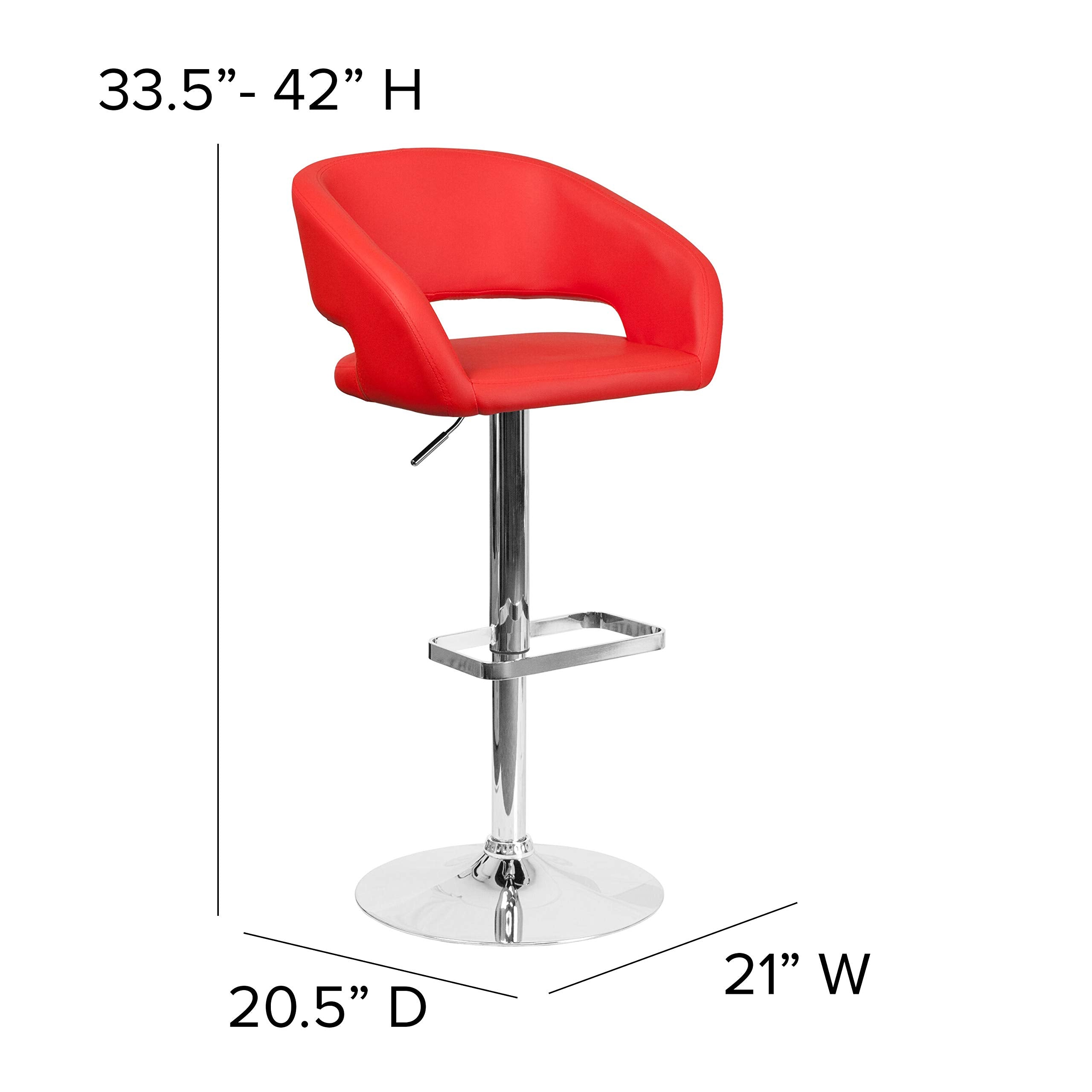 Flash Furniture Erik Comfortable & Stylish Contemporary Barstool with Rounded Mid-Back and Foot Rest, Adjustable Height - Red Vinyl with Chrome Base