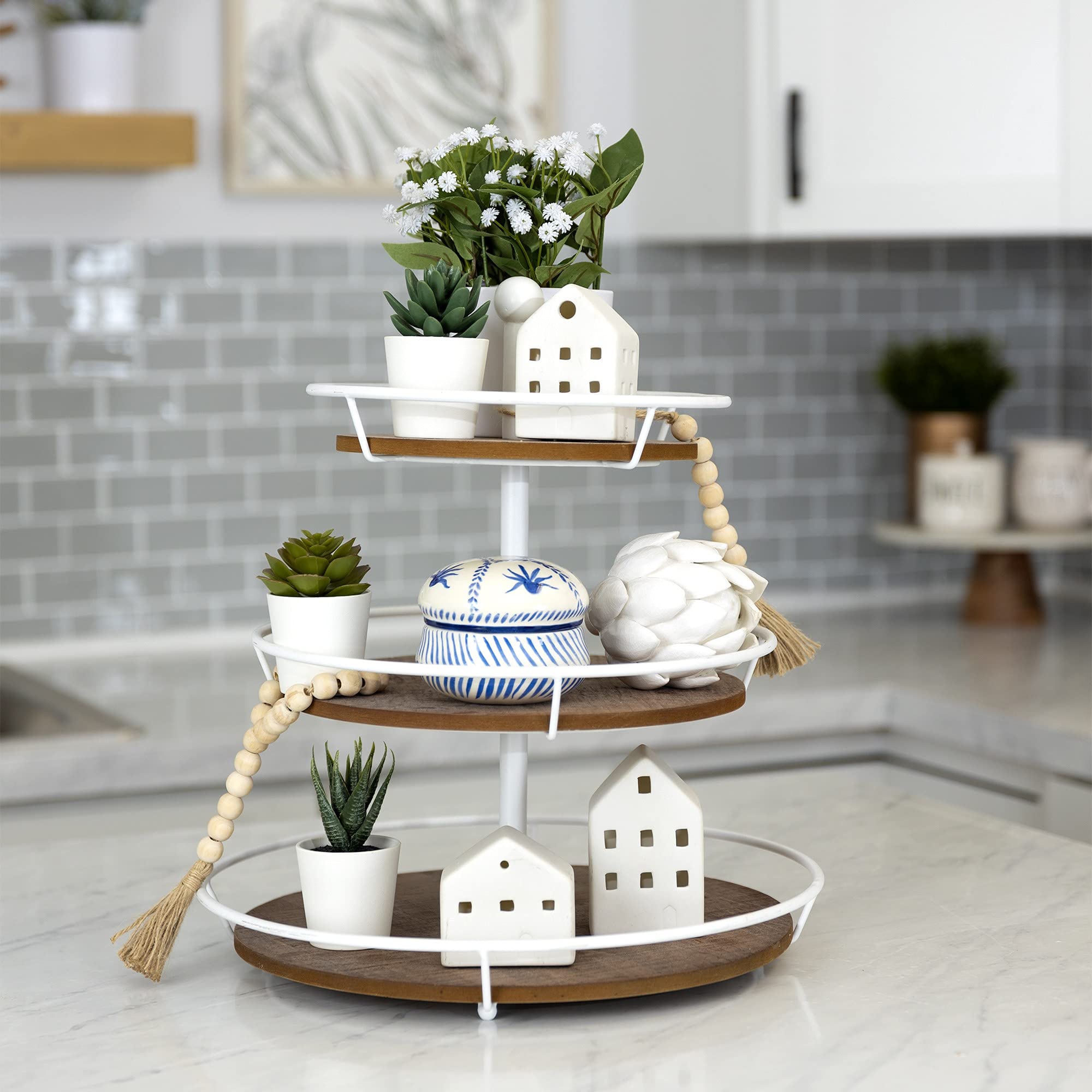 HomeRoots Three Tiered Metal and Wood Decorative Stand