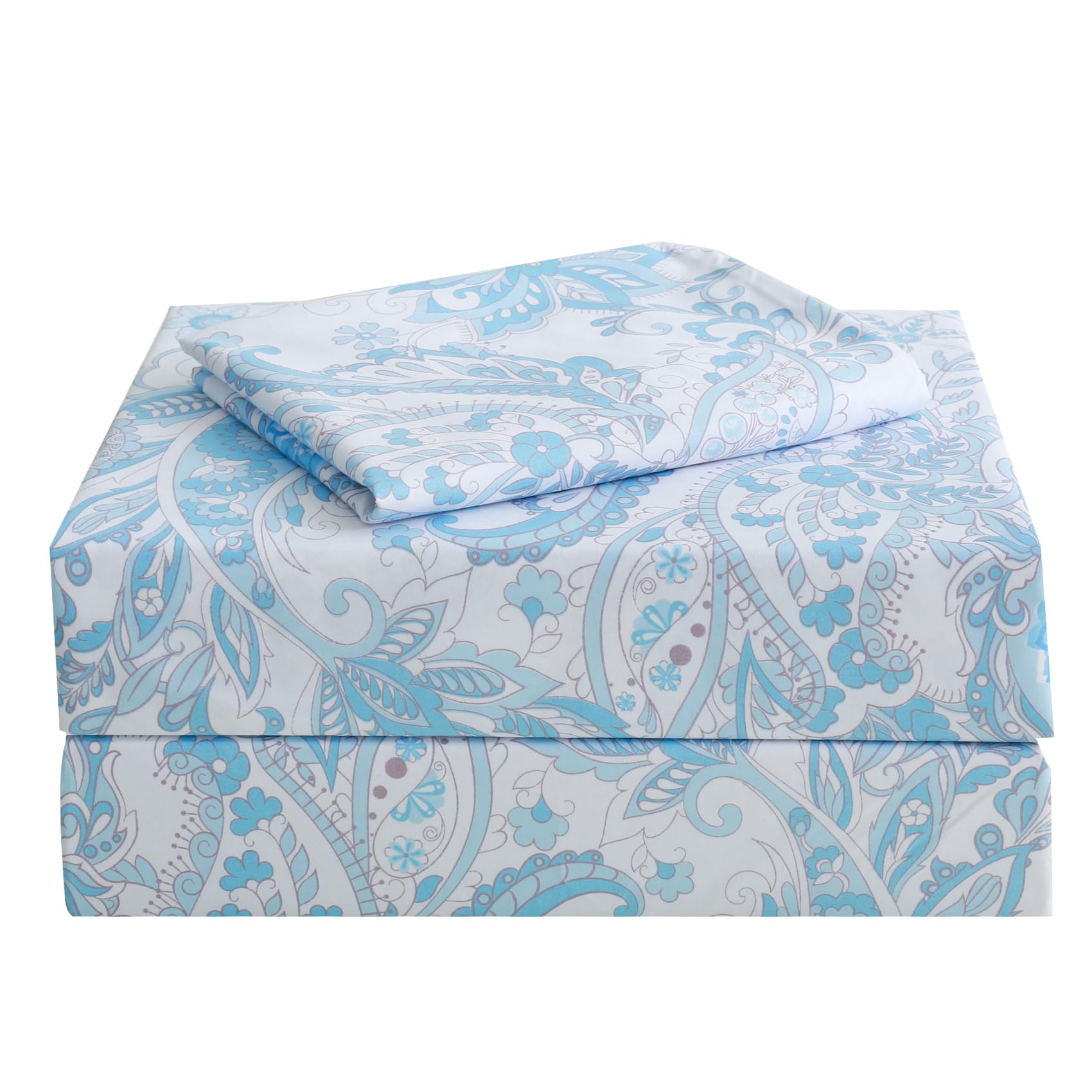 JSD Blue Paisley Sheet Set Queen Size, 4 Piece Soft Floral Printed Microfiber Sheets Extra Deep Pocket