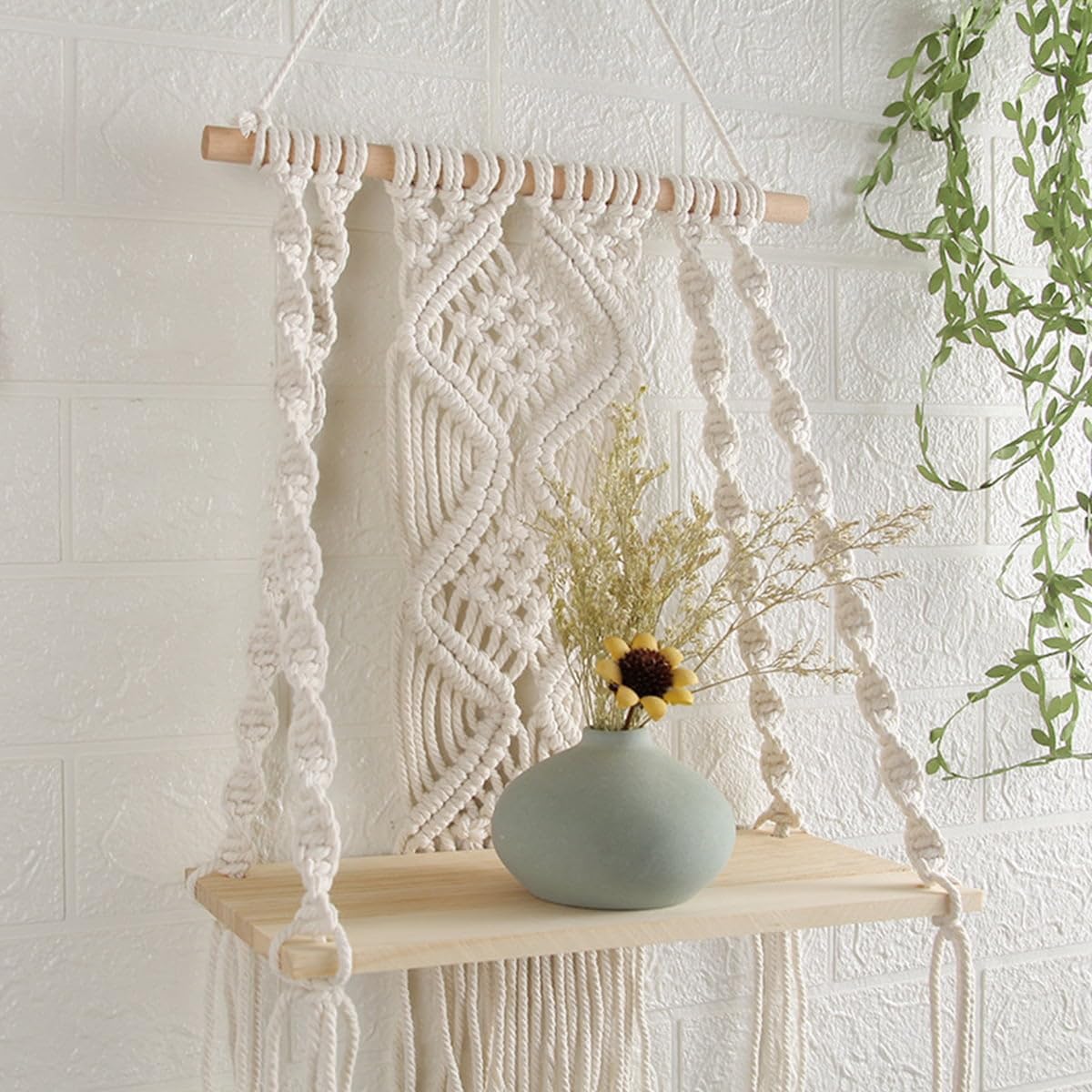Wagon Brand |Wooden Floating Macrame Wall Hanging Shelf Bohemian Woven Rope Swing Shelf Display Home Book Plant Storage Holder O