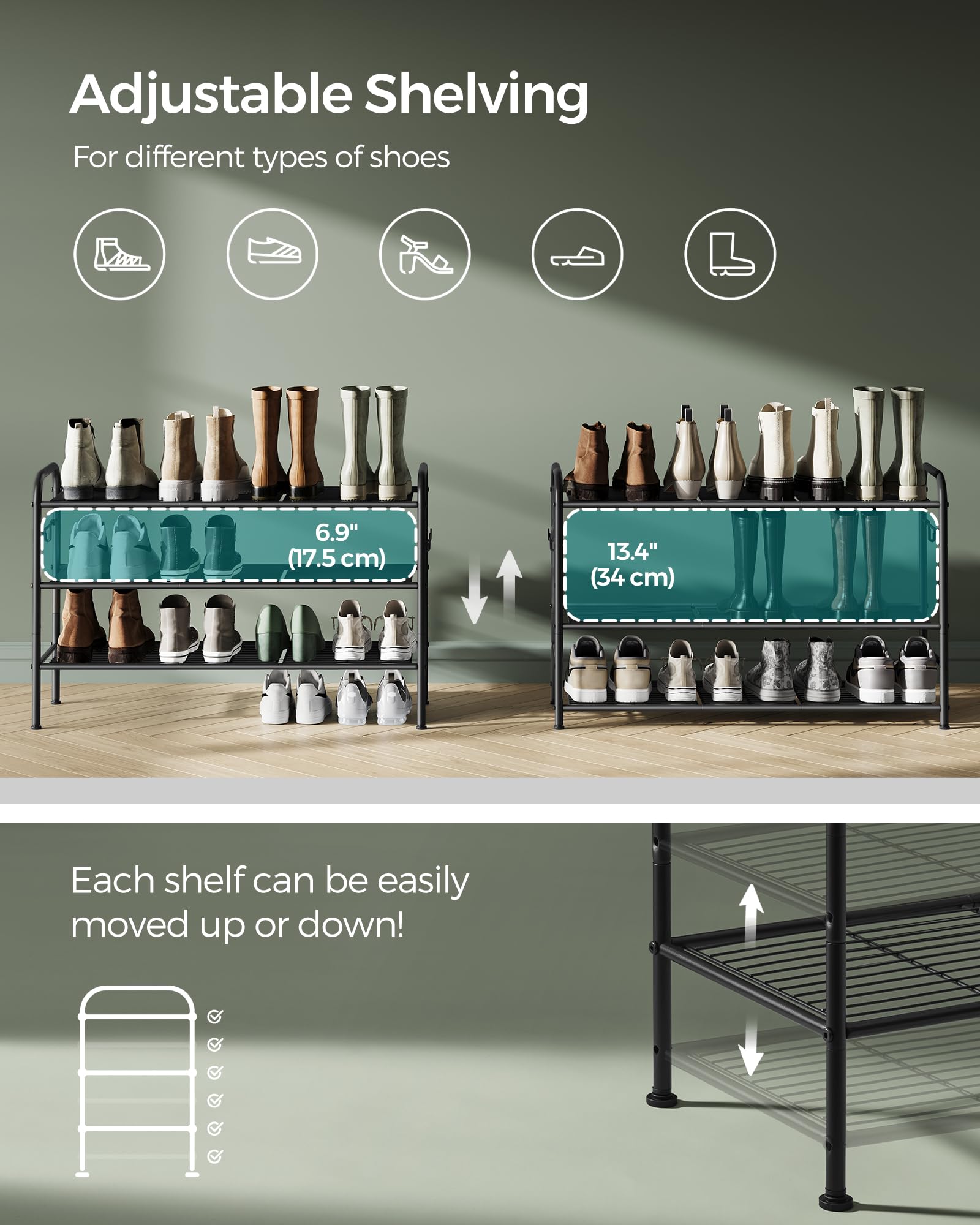 Songmics Shoe Rack, 3-Tier Shoe Organizer, Metal Shoe Shelf Storage With 4 Side Hooks, Holds 15 Pairs Of Shoes, Height-Adjustable Shoe Rack For Entryway, Hallway, Closet, Easy Assembly, Ink Black