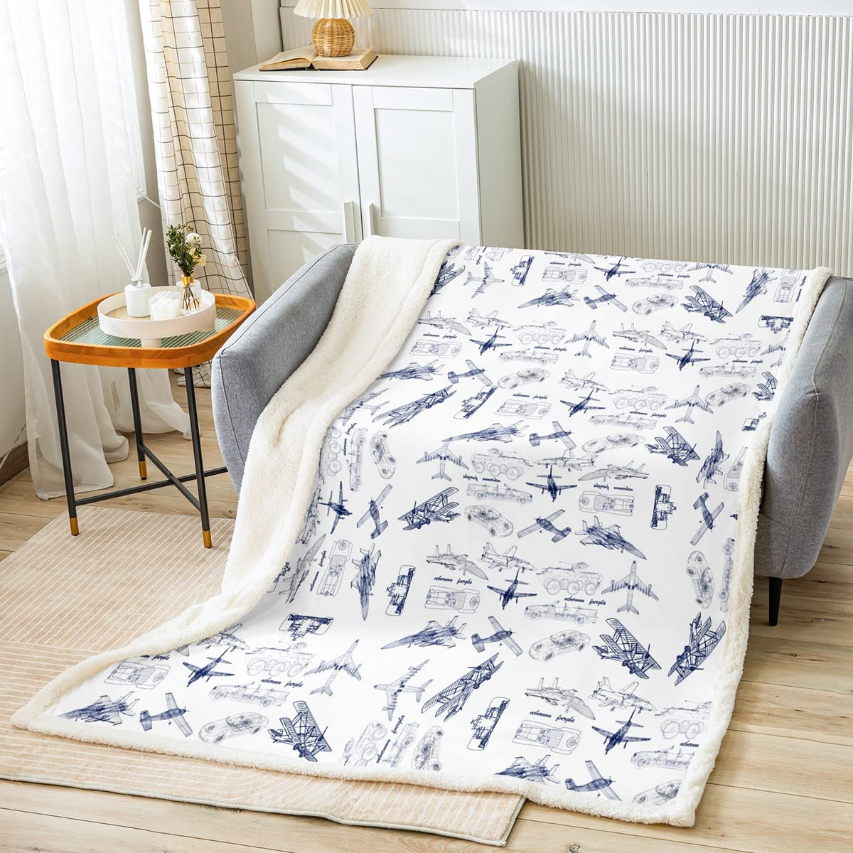 Aircraft Sherpa Blanket Airplane Print Fleece Throw Blanket Decor Aircraft Flying Plush Blanket Microfiber Sketch Style Blue Whi