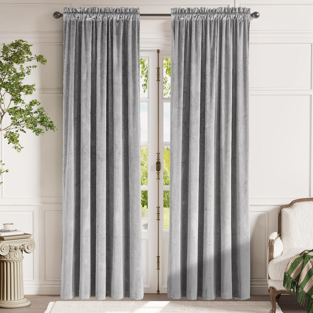 Lazzzy Light Gray Velvet Curtains Thermal Insulated Curtains 90 Inch Long Room Darkening Window Drapes For Bedroom Living Room Super Soft Luxury Window Treatment 2 Panels Rod Pocket