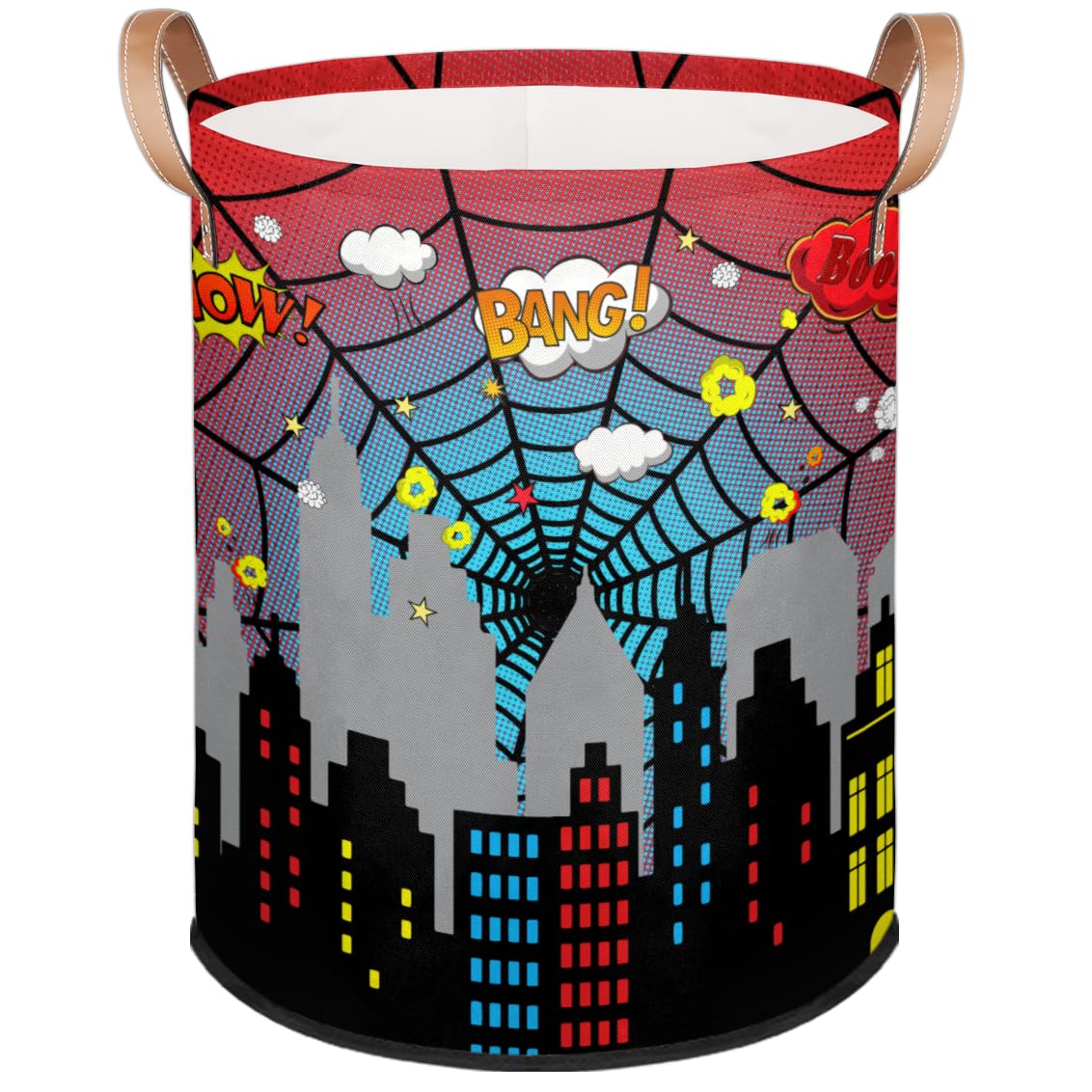 Dirty Clothes Hamper for Boys Laundry Basket City Skyline Spiders Webs Collapsible Large Round Storage Bin Organizer for Living 
