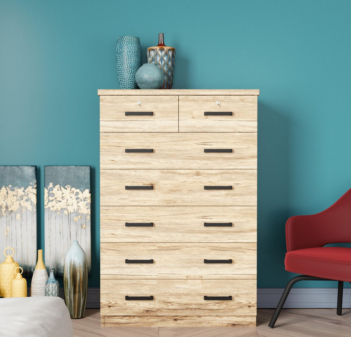 Woodpeckers Furniture And Mattress 7 Drawers Chest - Cindy (Natural Oak)