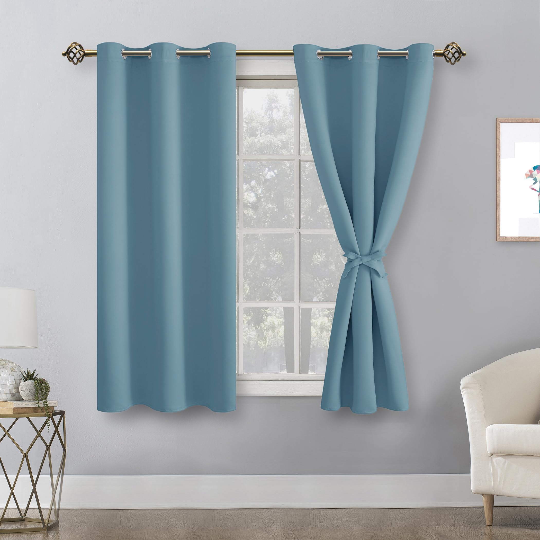 Hiasan Blackout Curtains For Bedroom - Thermal Insulated & Energy Saving Window Curtains For Living Room, 2 Drape Panels Sewn With Tiebacks, Stone Blue, 42 X 54 Inch