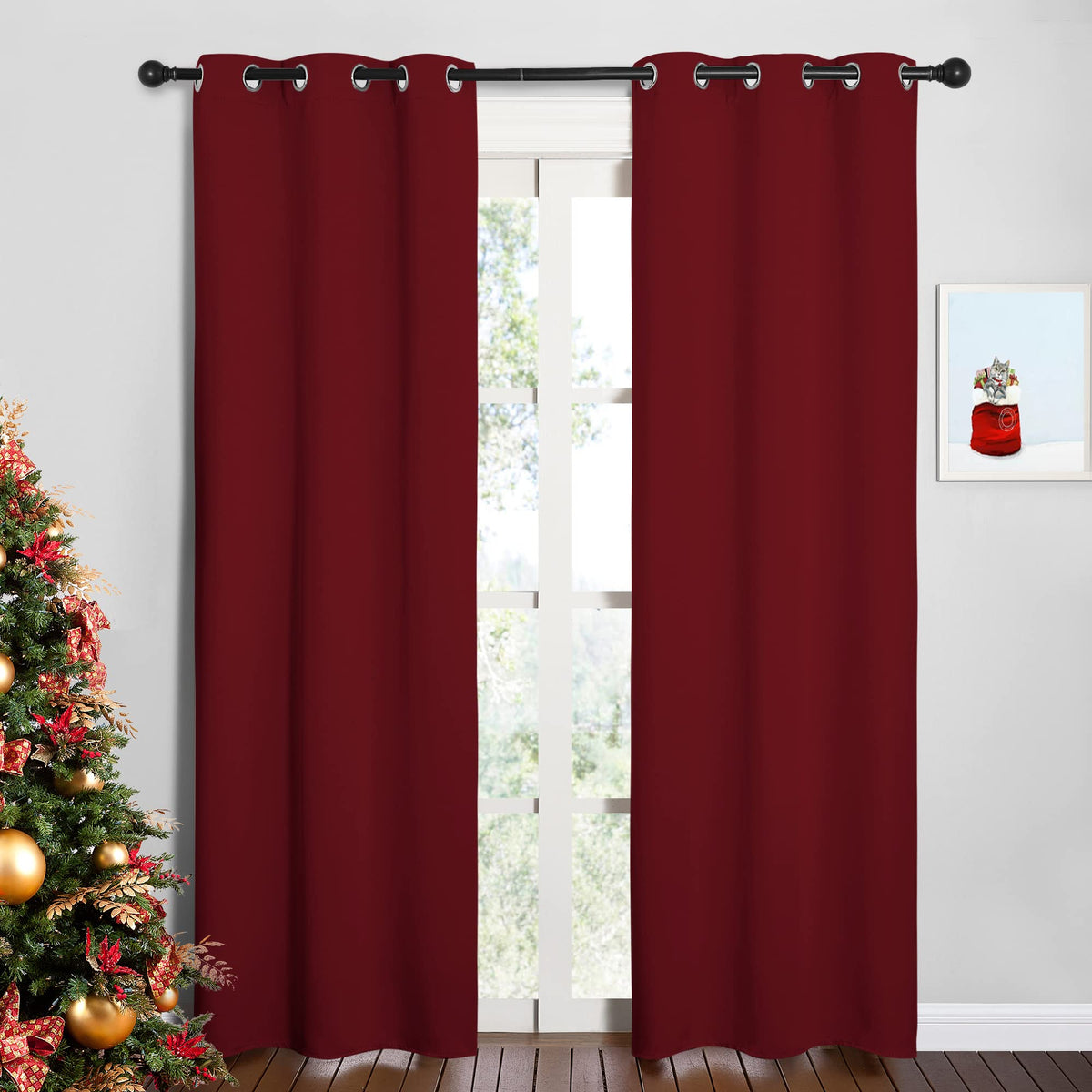 Nicetown Christmas Burgundy Bedroom Curtains Blackout Draperies, Christmas Decorations Thermal Insulated Solid Grommet Top Black