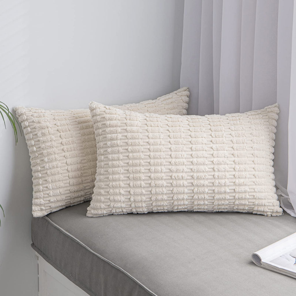 Anroduo Pack Of 2 Cream White Pillow Covers Decorative Throw Pillows 12X20 Inch For Couch Bed Living Room Soft Corduroy Striped