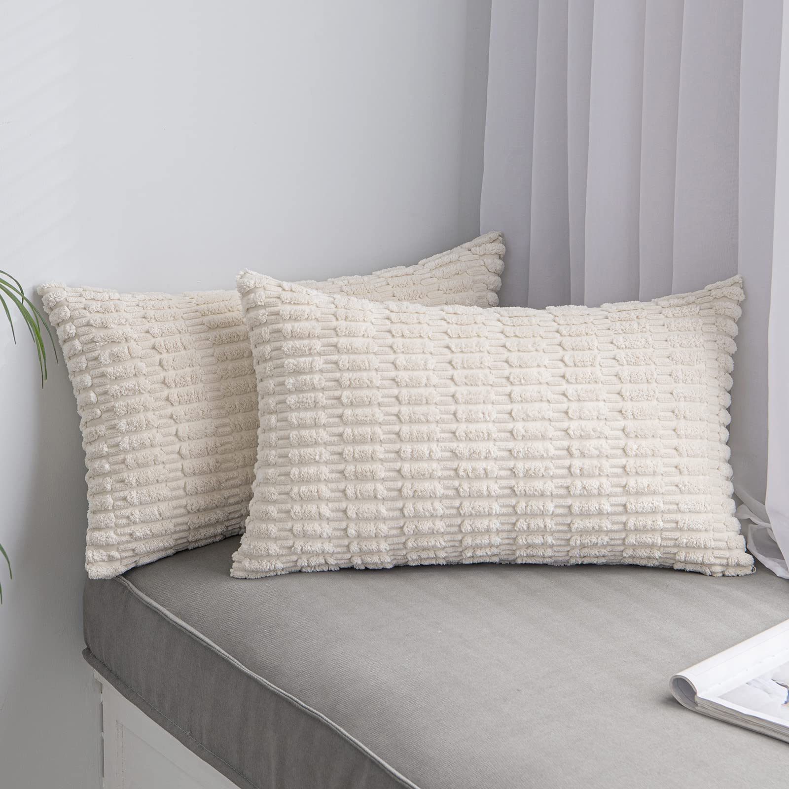 Anroduo Pack Of 2 Cream White Pillow Covers Decorative Throw Pillows 12X20 Inch For Couch Bed Living Room Soft Corduroy Striped
