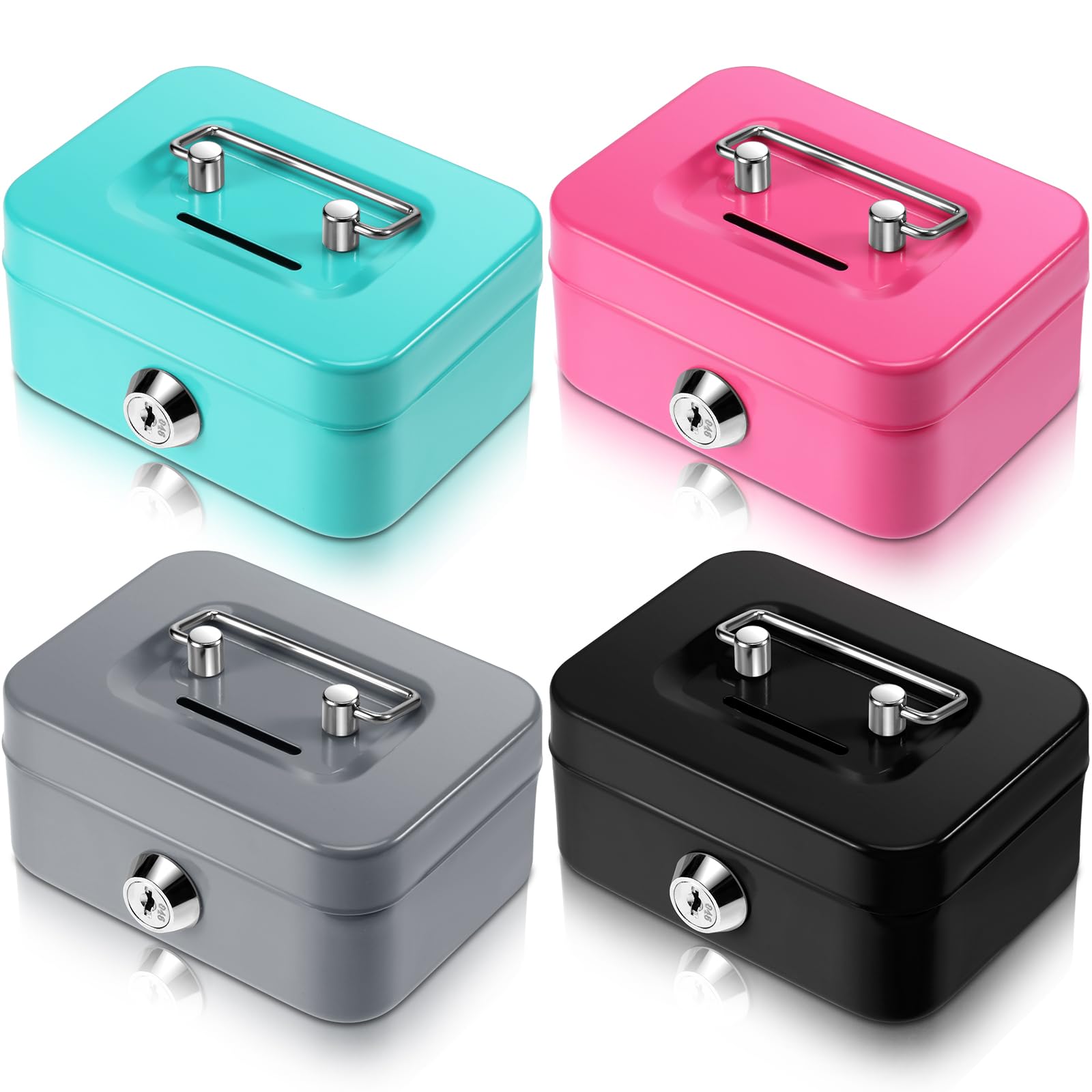 Tandefio 4 Pieces Small Money Box with Lock Metal Cash Box Piggy Bank with Lock and Slot 4.5 x 3.3 x 2 Inch Metal Coin Bank Gift
