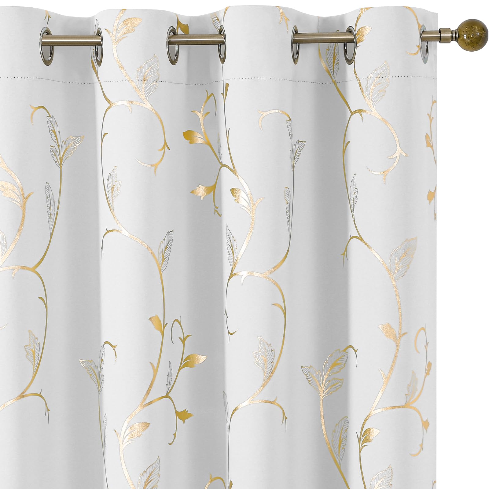 BUHUA Blackout Curtains Gold Foil Print Flower Vine Grommet Drapes, Room Darkening Thermal Insulated Curtains, Noise Reducing Cu