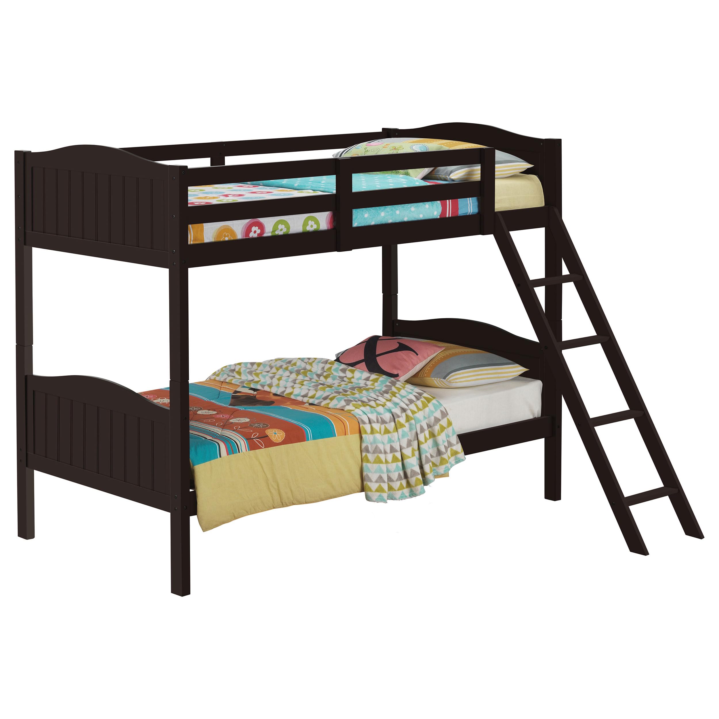 Coaster Home Furnishings Arlo Transitional Wood Twin Over Twin Size Bunk Bed Frame with Ladder and Guardrails Fully Slatted Mattress Ready Foundation Espresso 405053BRN