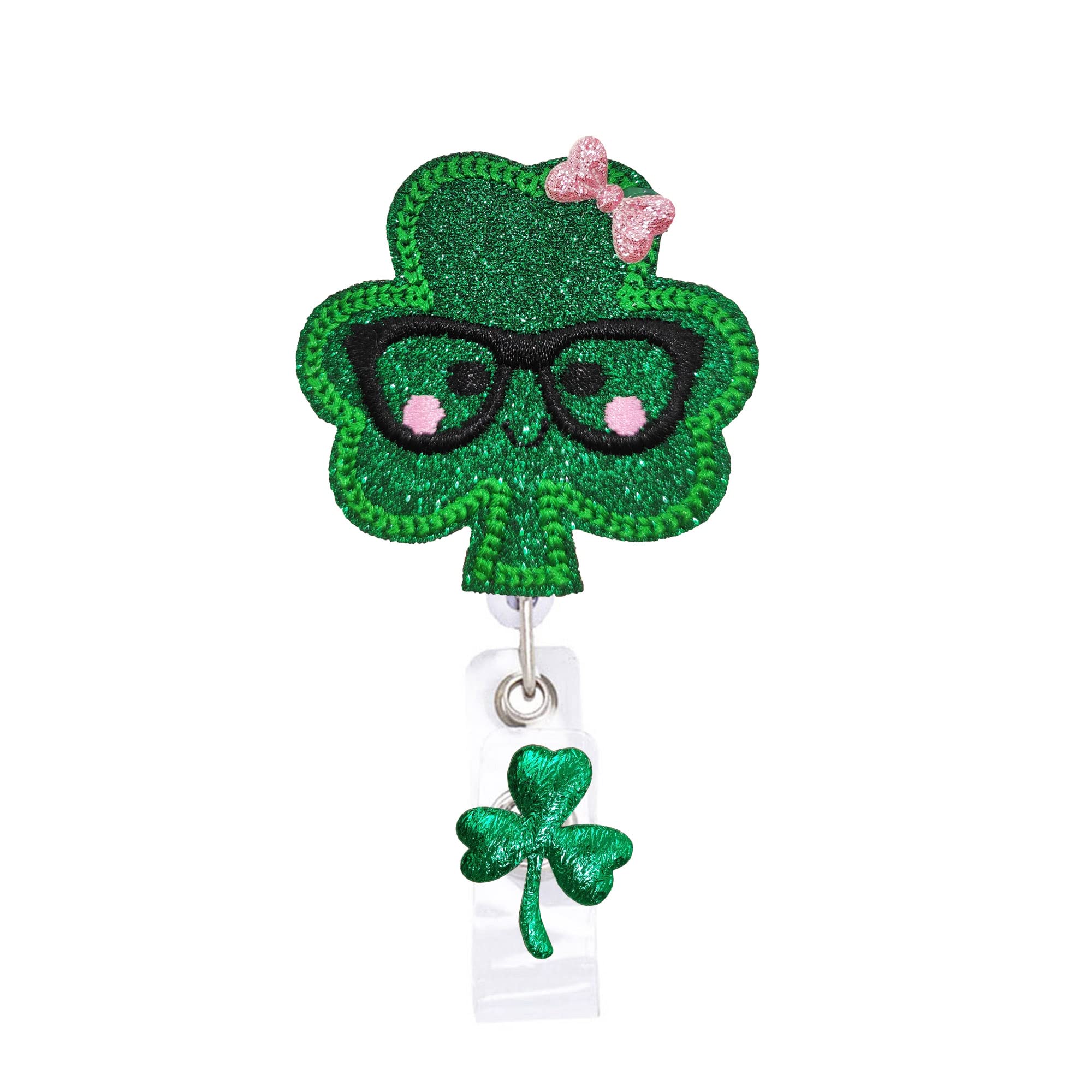 Reelfun Sparkle Glitter Shamrock Clover Irish St Patrick'S Day Retractable Badge Reel Id Tag, Teacher Lanyard, With Alligator Cl
