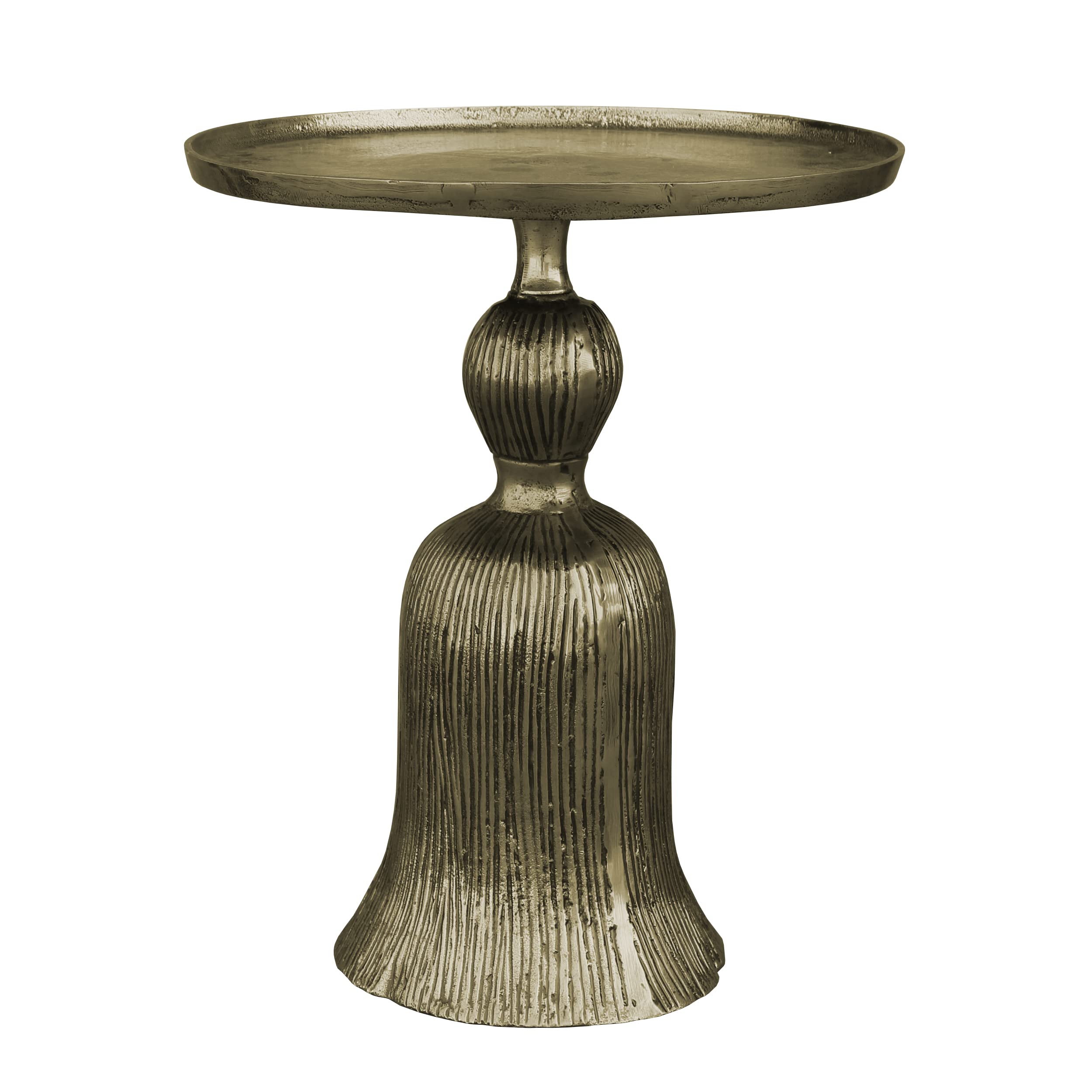 The Urban Port 23-Inch Classic Vintage Accent Side Table, Round Tray Top, Aluminum, Pedestal Base, Ridges, Antique Brass