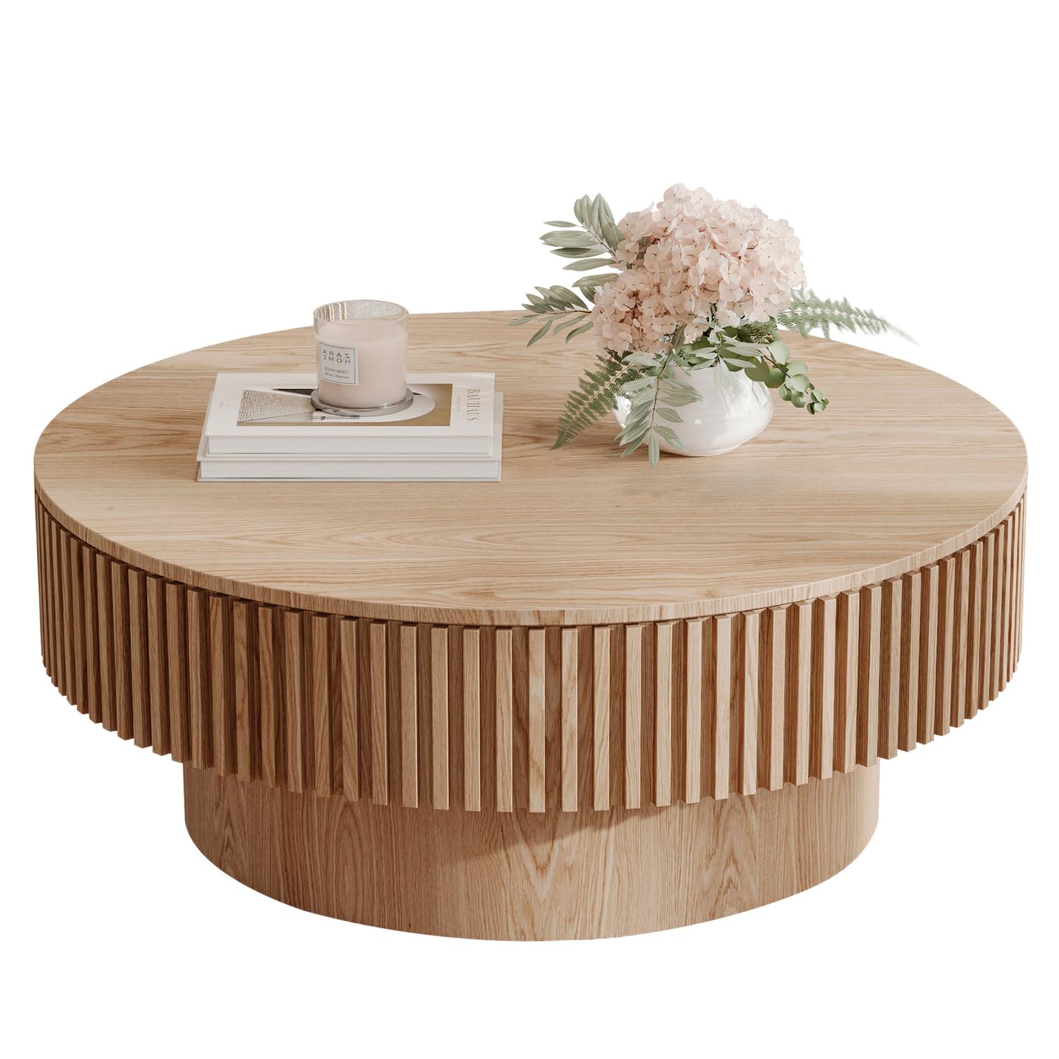 LKTART 31.5 Natural Coffee Table Modern Handcraft Drum Round Circle Wooden Solid Wood Veneer Tea Table for for Living Room Apa