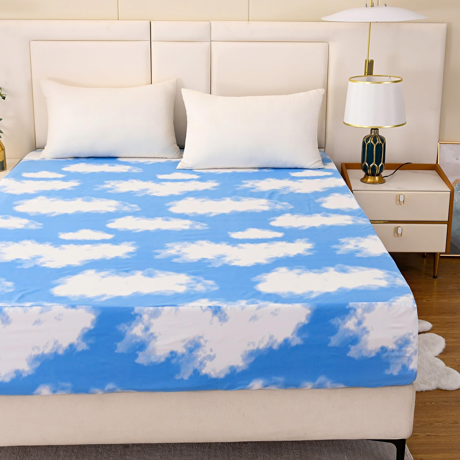 Naturety Bedding Fitted Sheet With Deep Pocket For Single Bed Mattress Cover Sheets,White Cloud Printed Fabric Bed Sheets (Blue Sky, Twin)